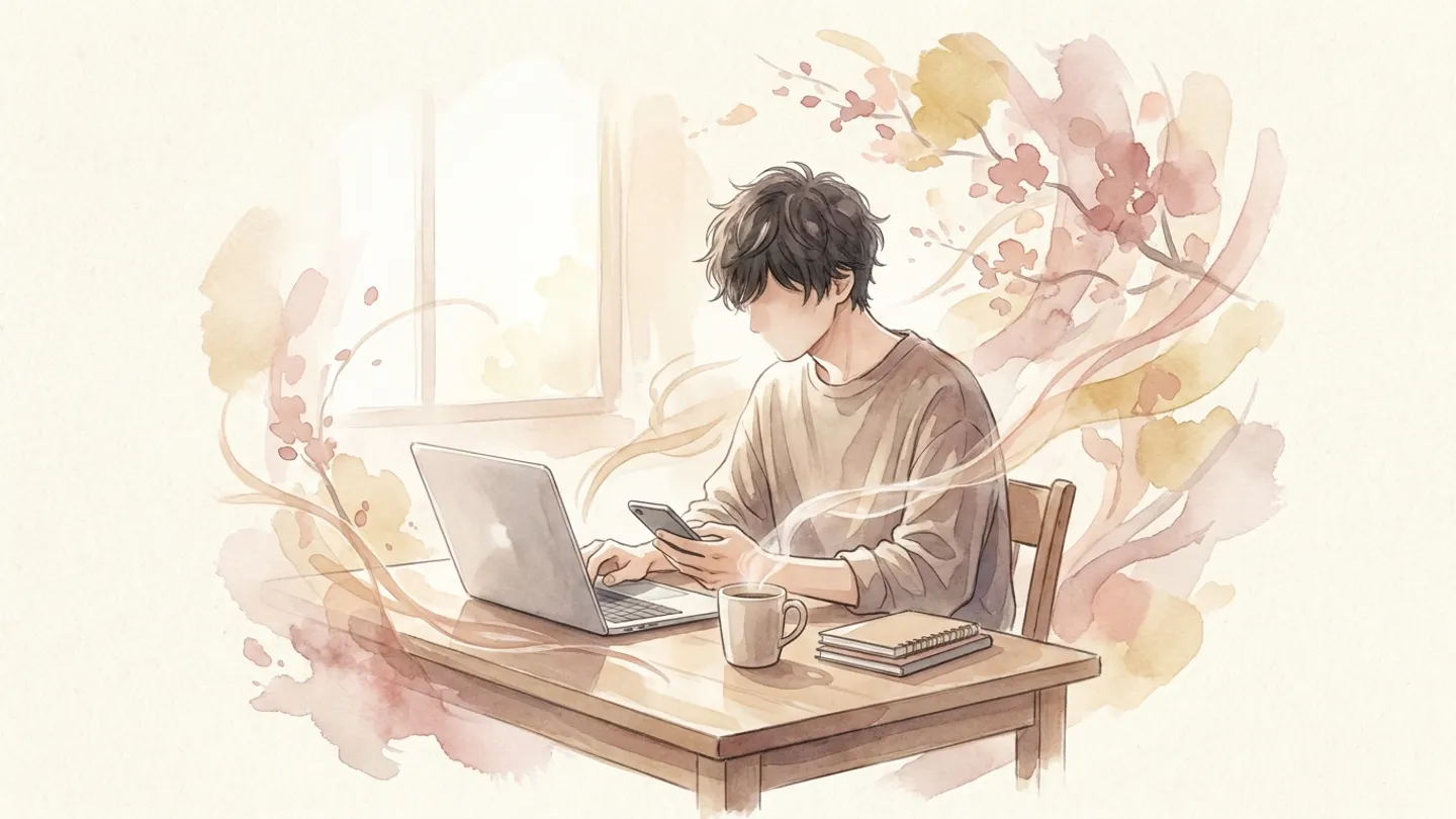 朝の光の中でPCとスマホで集客作業に取り組む男性 — 地道な努力の水彩イラスト