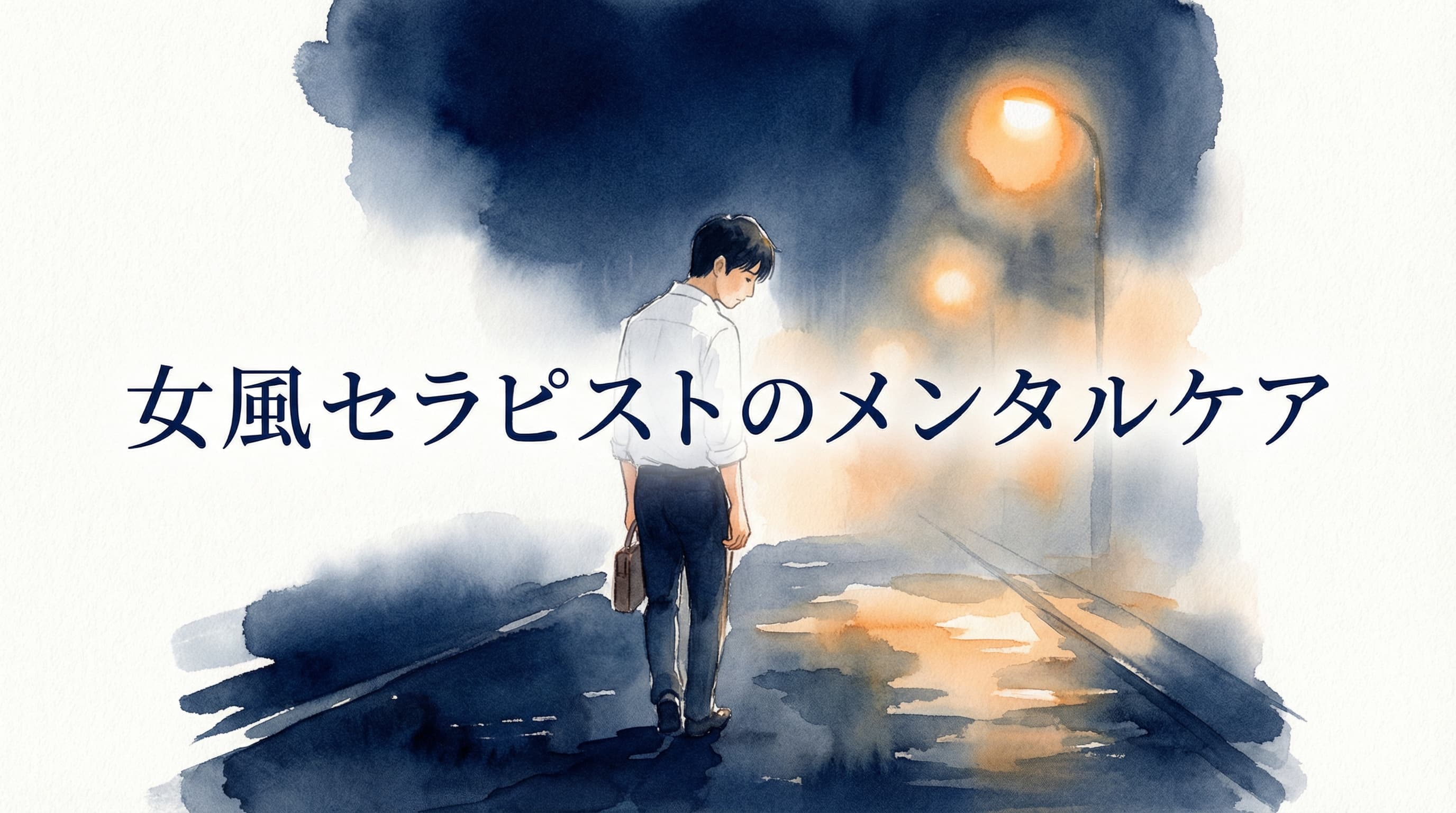 セラピストのメンタルケア — 疲れたセラピストに光が差し込む水彩イラスト