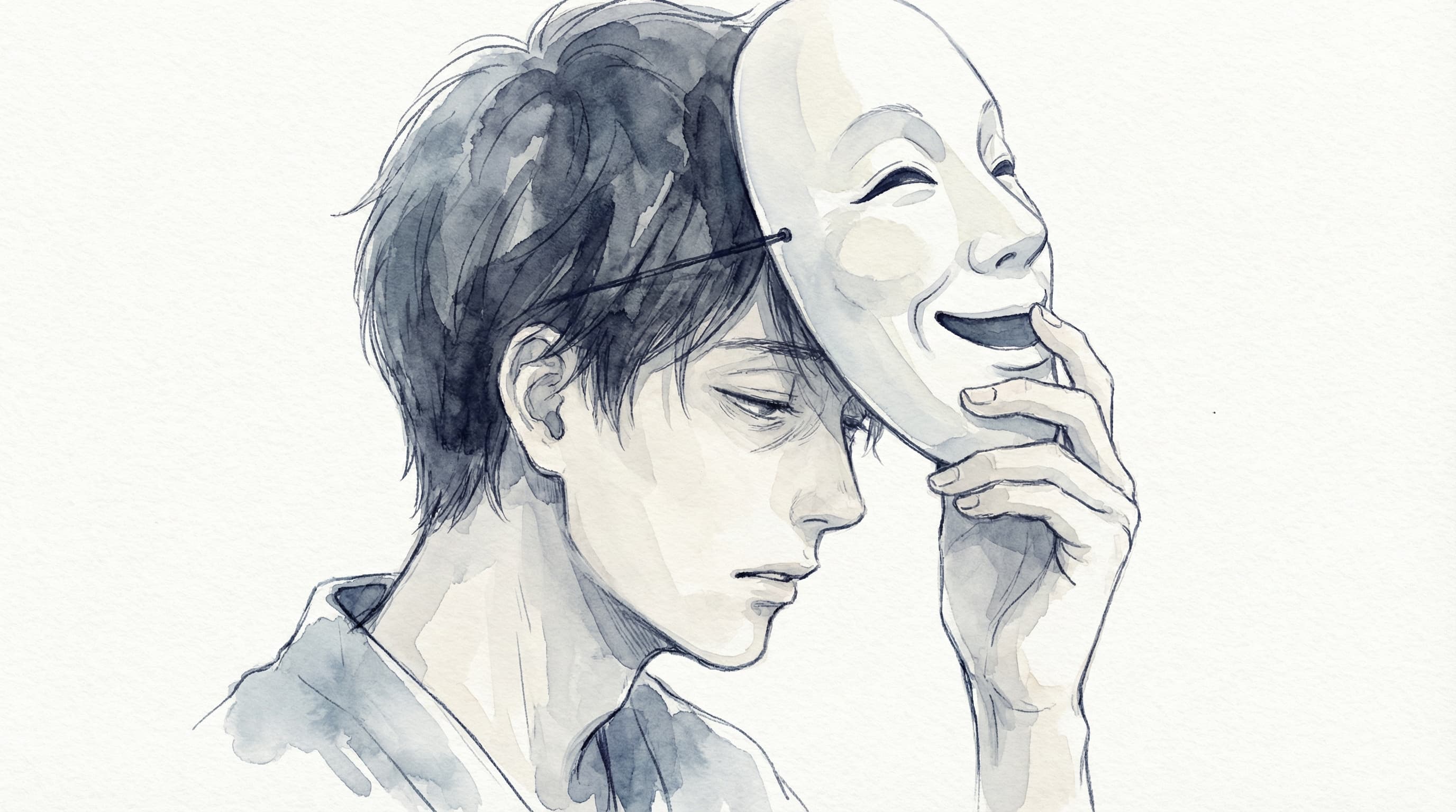 仮面を外す男性セラピストの横顔 — 表層演技と素の自分のギャップを表す水彩イラスト