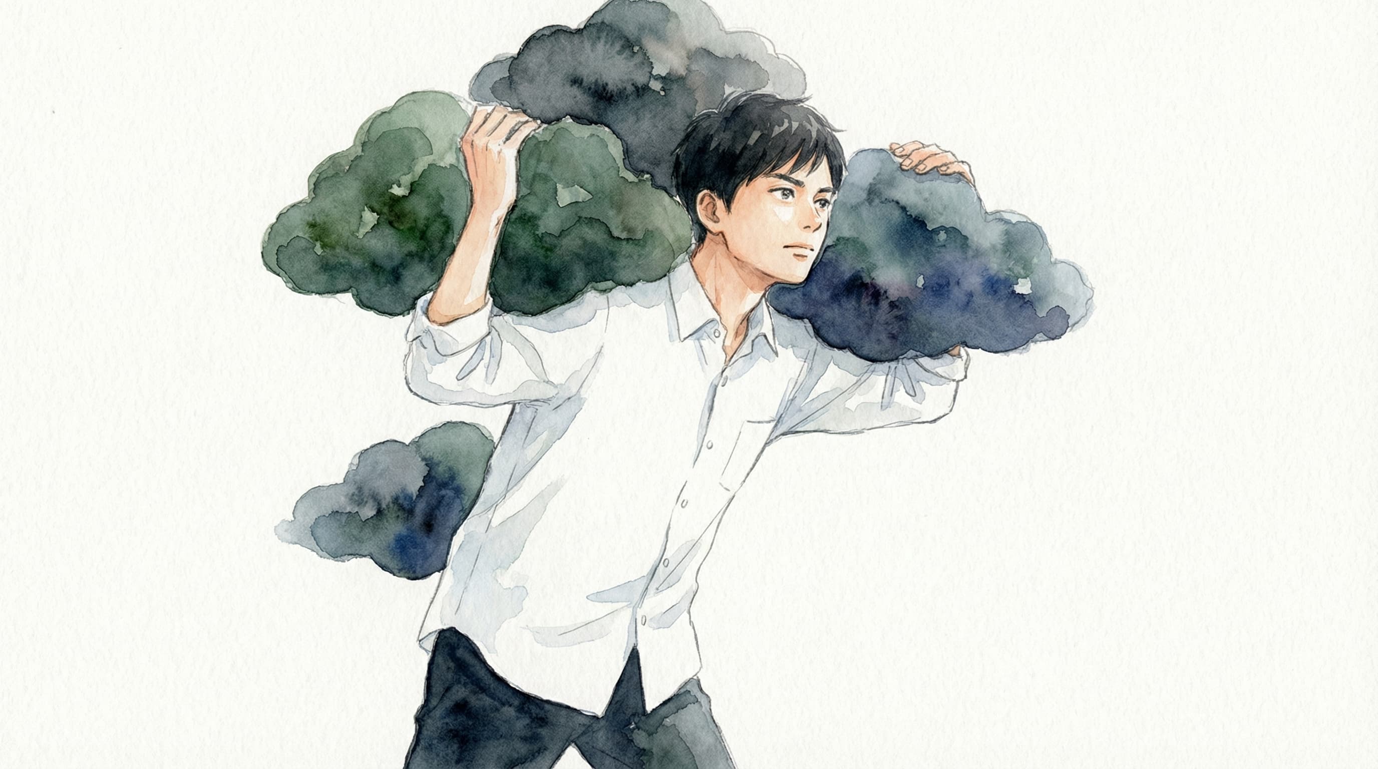 5つの重荷を背負いながら前を向いて歩くセラピスト — 共感疲労・境界線・スティグマ・アイデンティティ・孤立の水彩イラスト