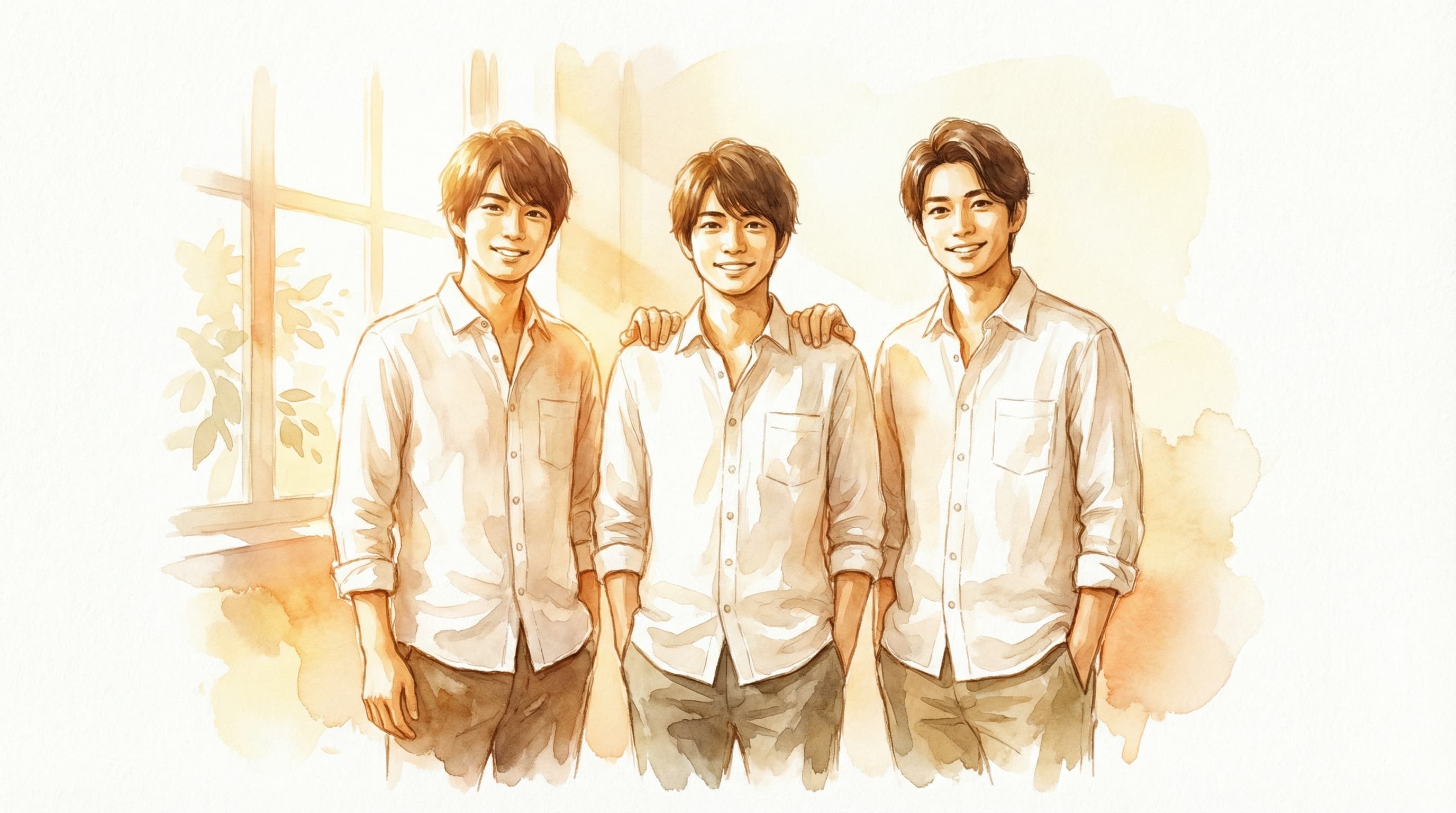 朝の光の中で笑顔で並ぶセラピストたち — チームワークと希望の水彩イラスト