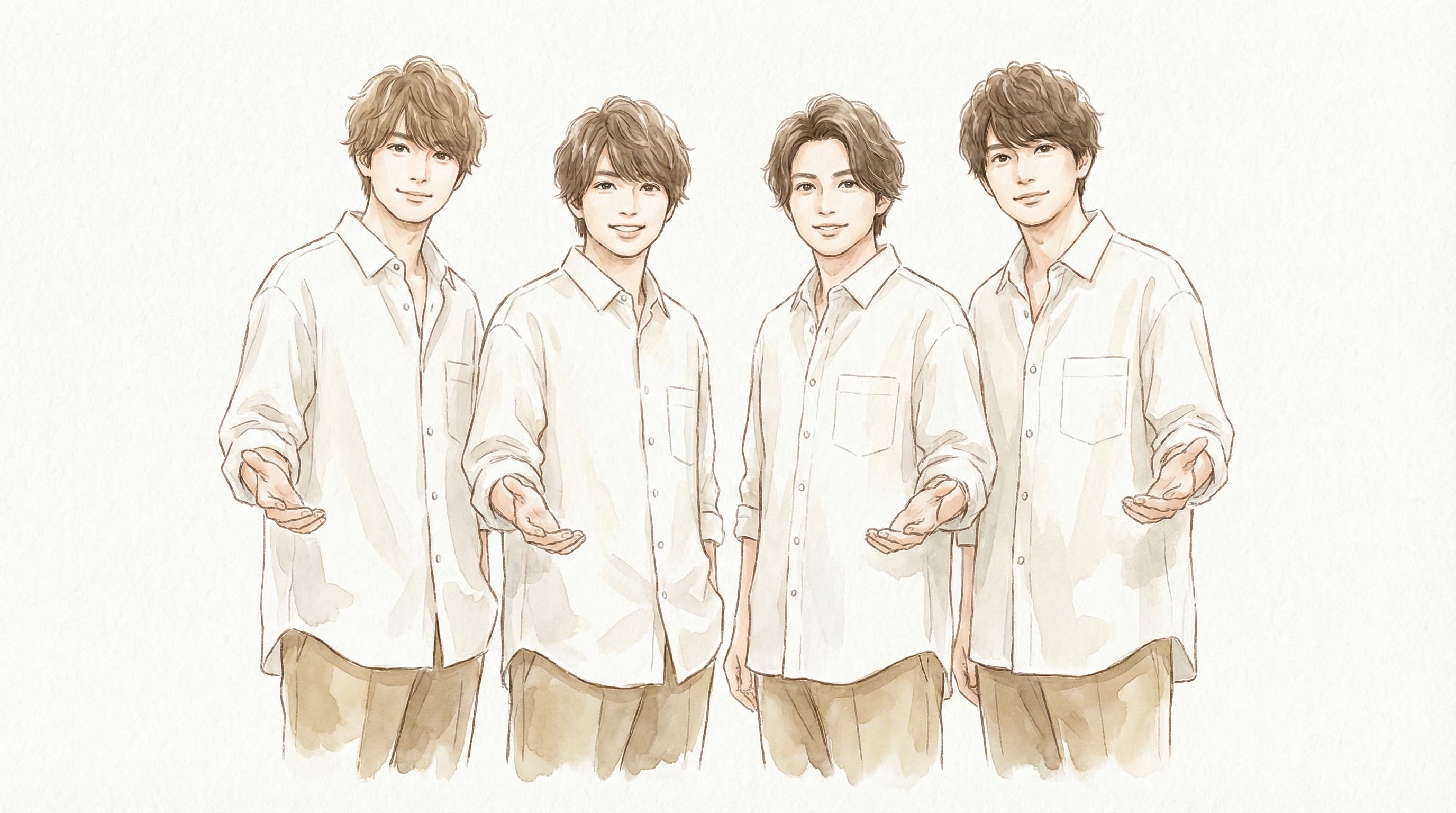 白シャツの若い男性セラピスト4人が笑顔で手を差し伸べている — 東京裏彼氏の採用イメージ水彩イラスト