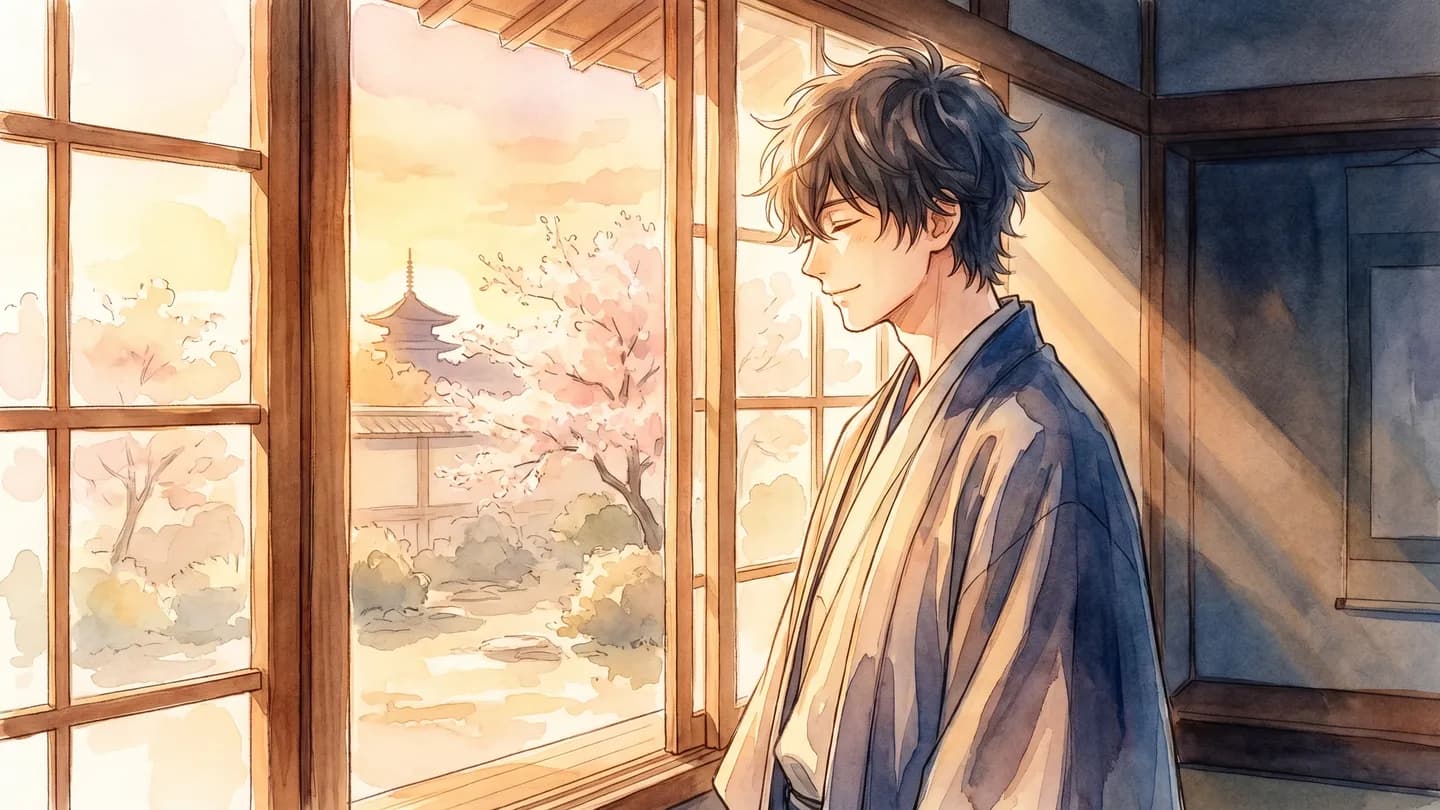 朝の光が差し込む窓辺に立つ男性 — 希望と充実感を描いた水彩イラスト