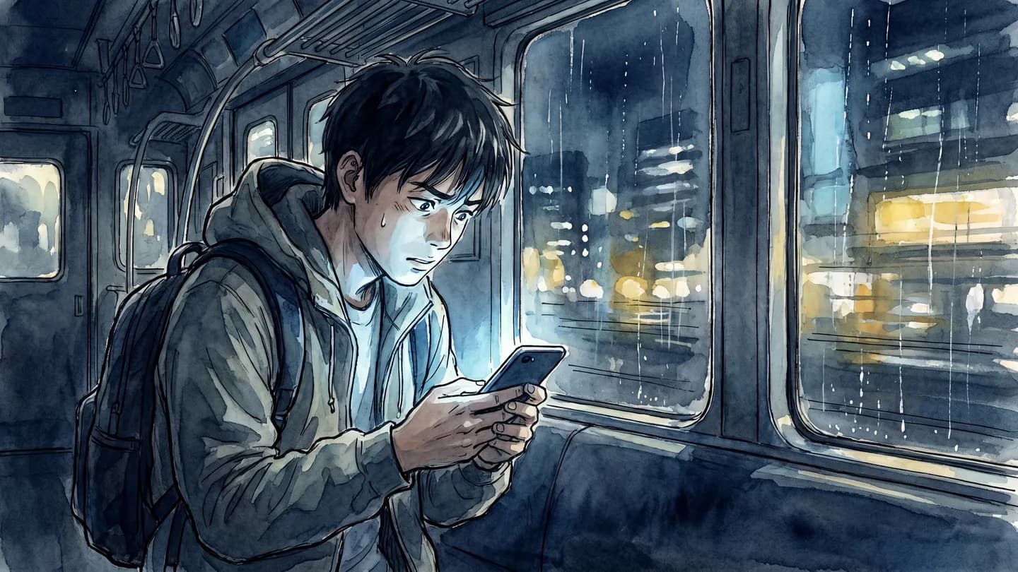 帰りの電車でスマホを見つめる青年 — 女風セラピストへの転身の瞬間を描いた水彩イラスト