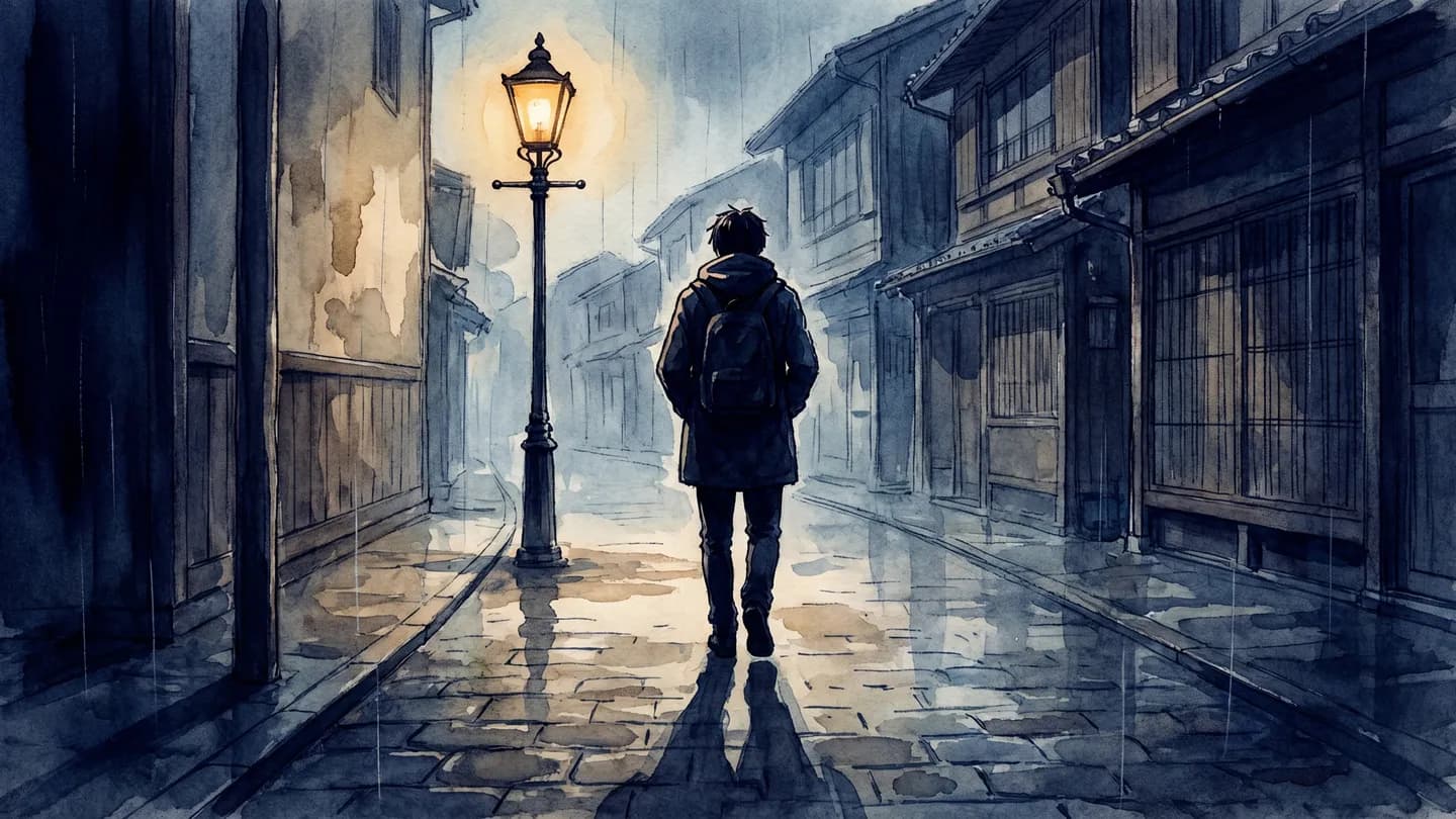 深夜の帰り道を一人で歩くセラピスト — 孤独と反省の時間を描いた水彩イラスト