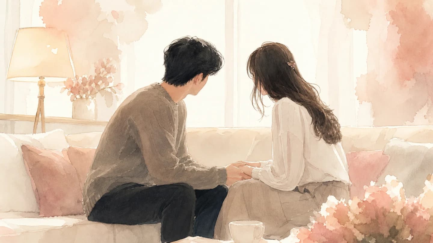 女風の本当の価値は寄り添い - 広いソファで手を取り向き合って話すセラピストと女性の水彩イラスト。癒しと安心の時間。honban-real-talk