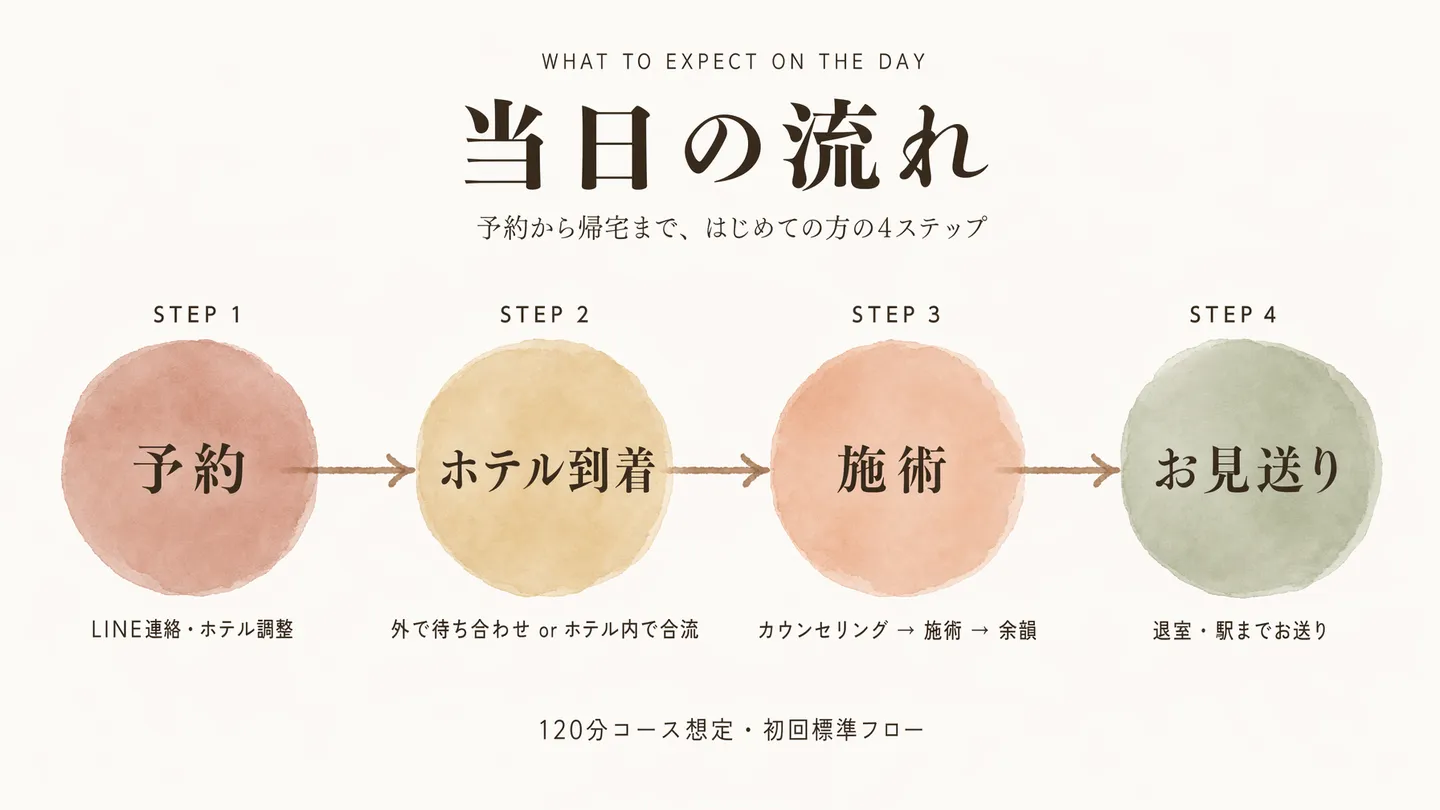 女性用風俗 当日の流れ 4ステップ - 予約・ホテル到着(外で待ち合わせ or ホテル内で合流)・施術・お見送りの120分コース標準フロー|ウラカレコラム