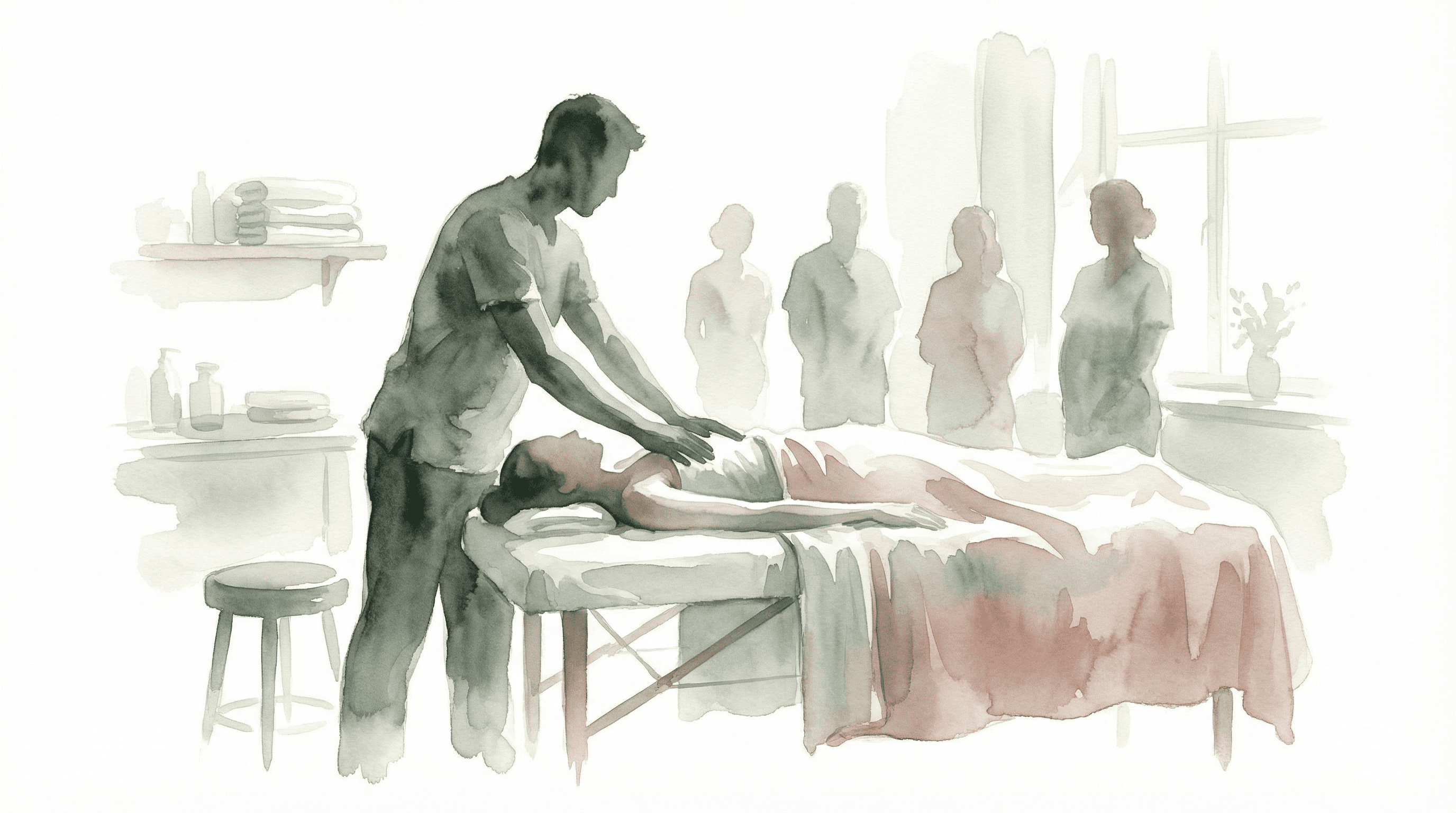 女性用風俗セラピストの研修のリアル — 真剣に技術を磨く水彩イラスト