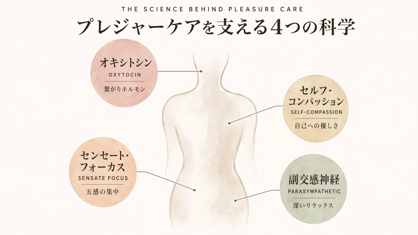 プレジャーケアを支える4つの科学|オキシトシン・自分にやさしくする力・段階的タッチ療法・副交感神経がもたらすセクシャルウェルネス効果のインフォグラフィック