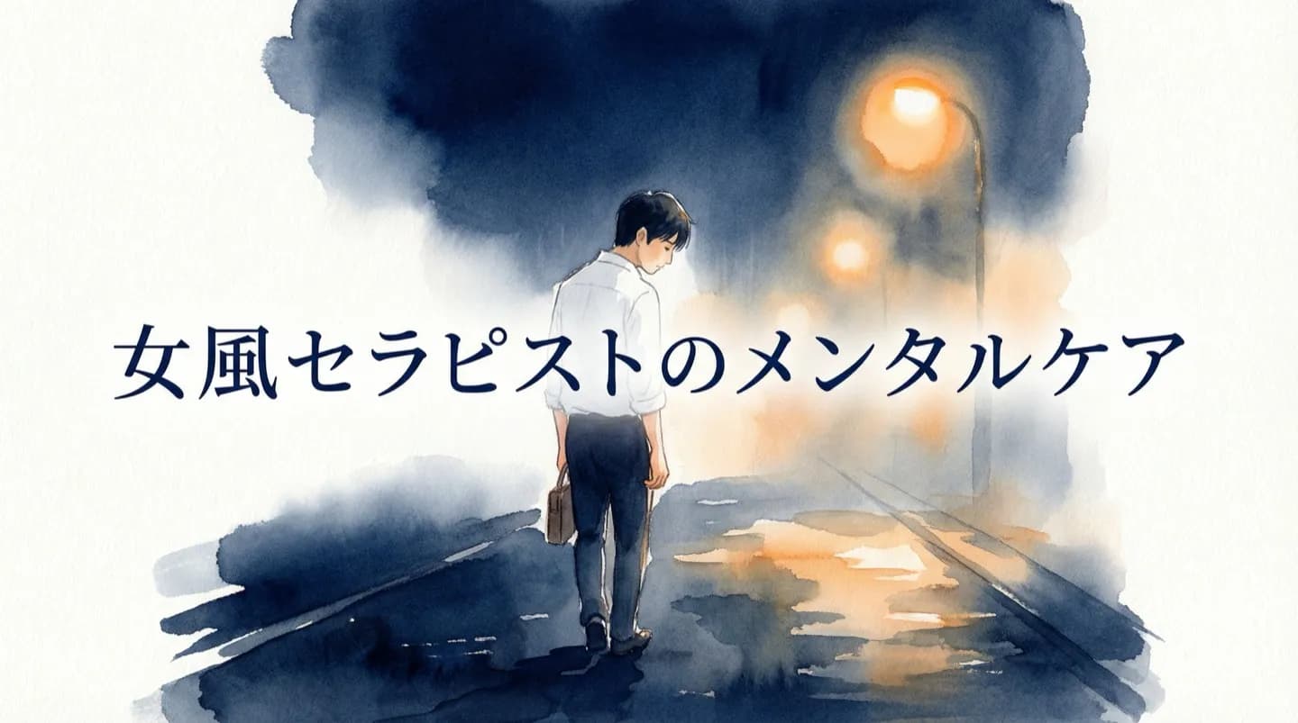 セラピストのメンタルケア — 疲れたセラピストに光が差し込む水彩イラスト