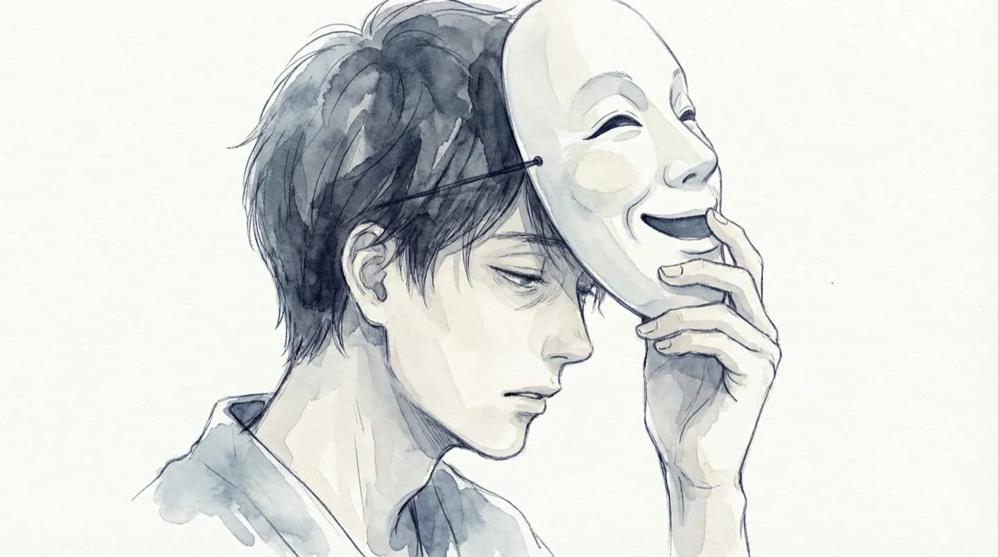 仮面を外す男性セラピストの横顔 — 表層演技と素の自分のギャップを表す水彩イラスト