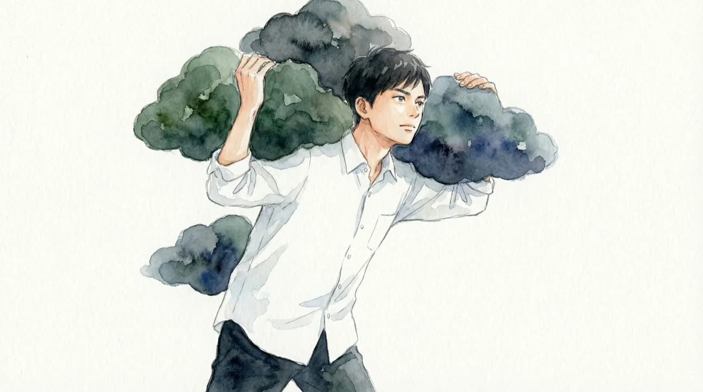5つの重荷を背負いながら前を向いて歩くセラピスト — 共感疲労・境界線・スティグマ・アイデンティティ・孤立の水彩イラスト