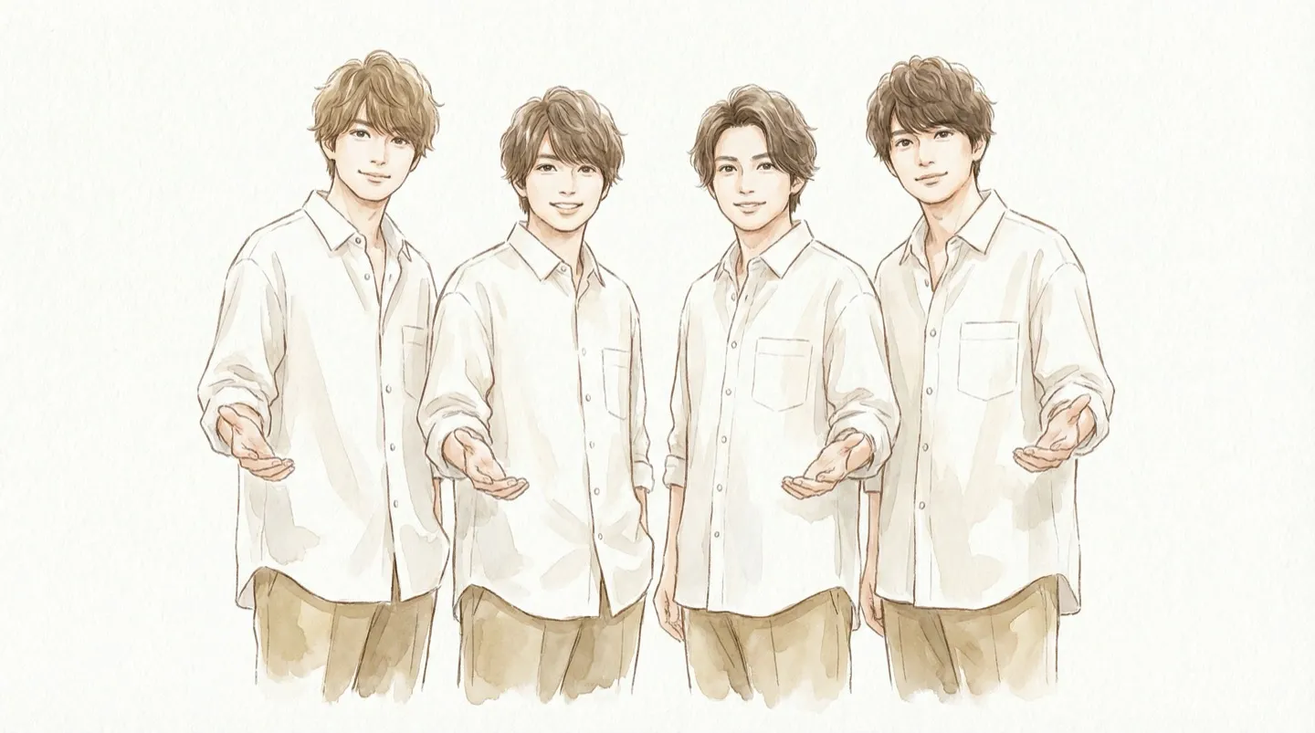 白シャツの若い男性セラピスト4人が笑顔で手を差し伸べている — 東京裏彼氏の採用イメージ水彩イラスト