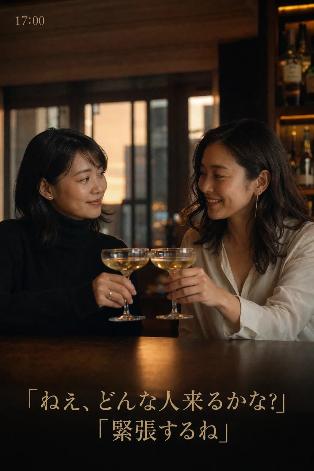 17時バーで乾杯する女友達2人|女風の夜の女子会