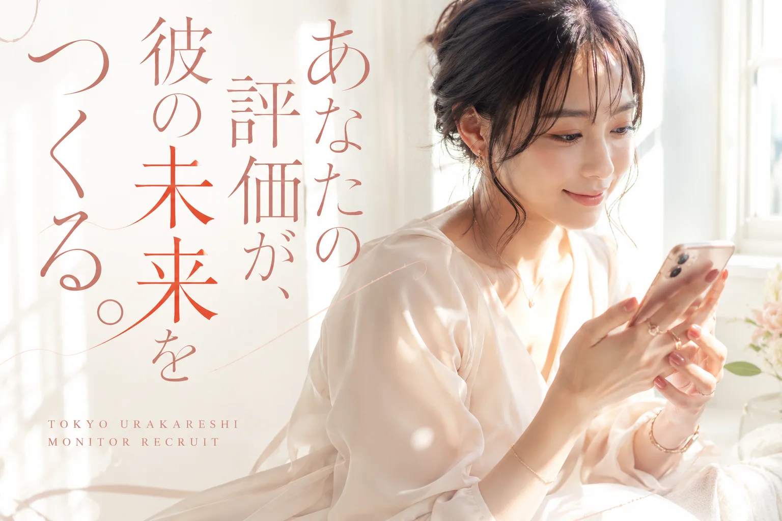 窓辺でスマホからモニターのアンケート評価を送る女性。あなたの評価が、彼の未来をつくる。女風モニター募集 女性用風俗 東京裏彼氏