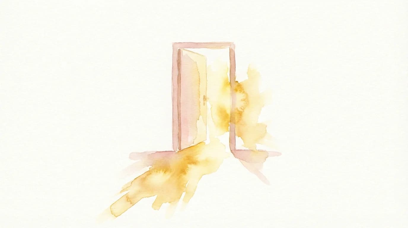 女性用風俗セラピストが来た瞬間の期待感 — ドアから光が差し込む水彩イラスト