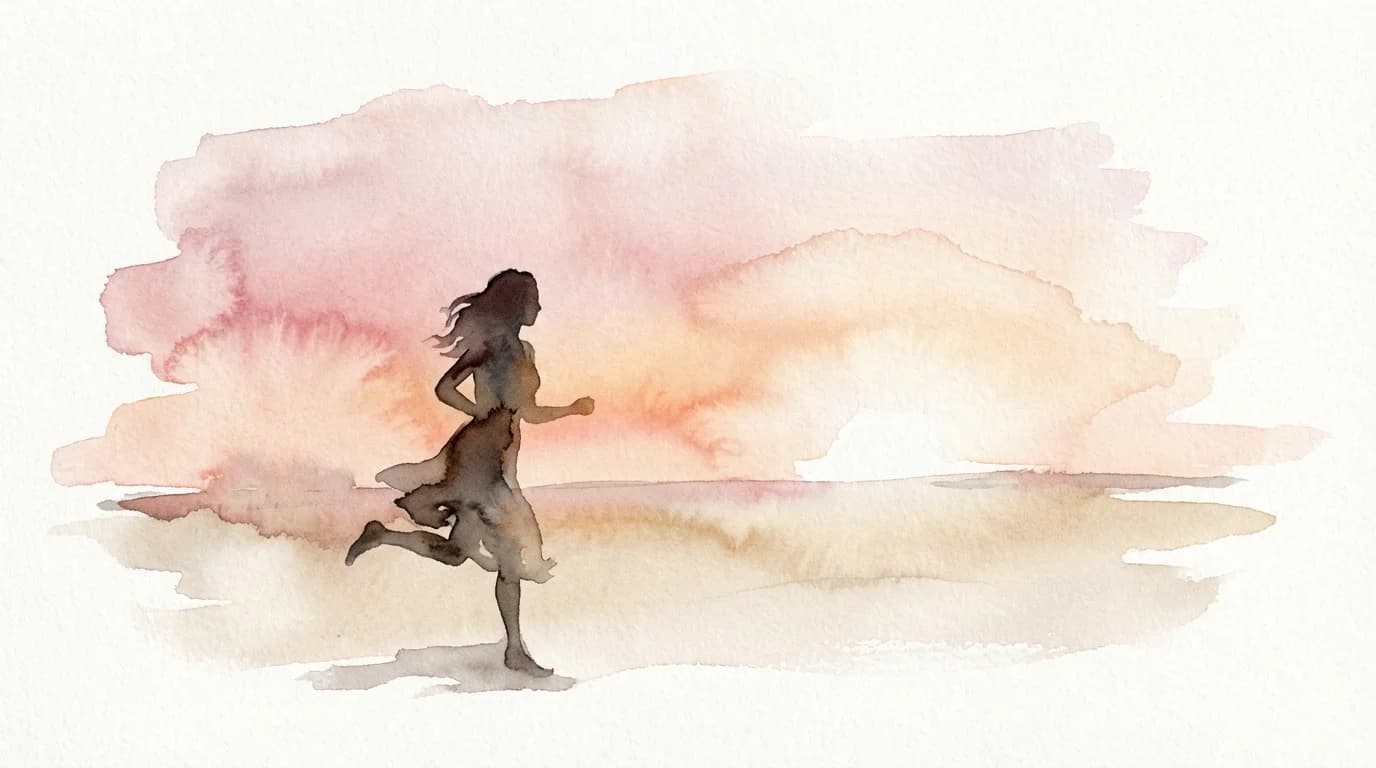 女性用風俗利用後のポジティブな変化 — 朝日の中を走る女性シルエットの水彩イラスト