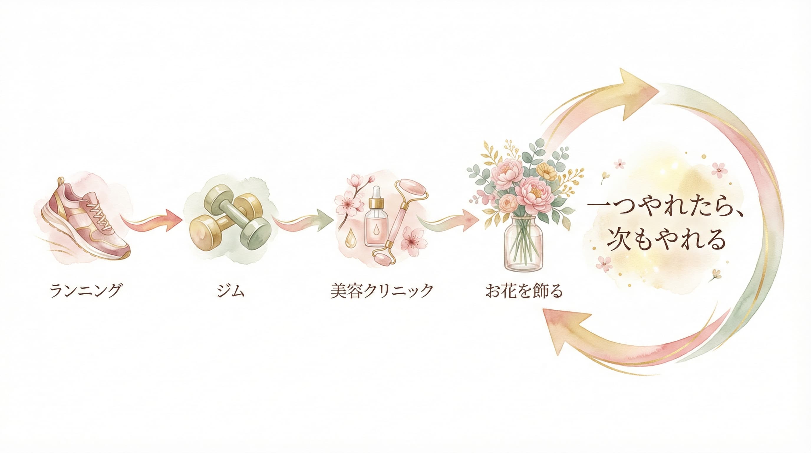 自分磨きの連鎖 — ランニング・ジム・美容クリニック・お花を飾るまでの変化を示すインフォグラフィック