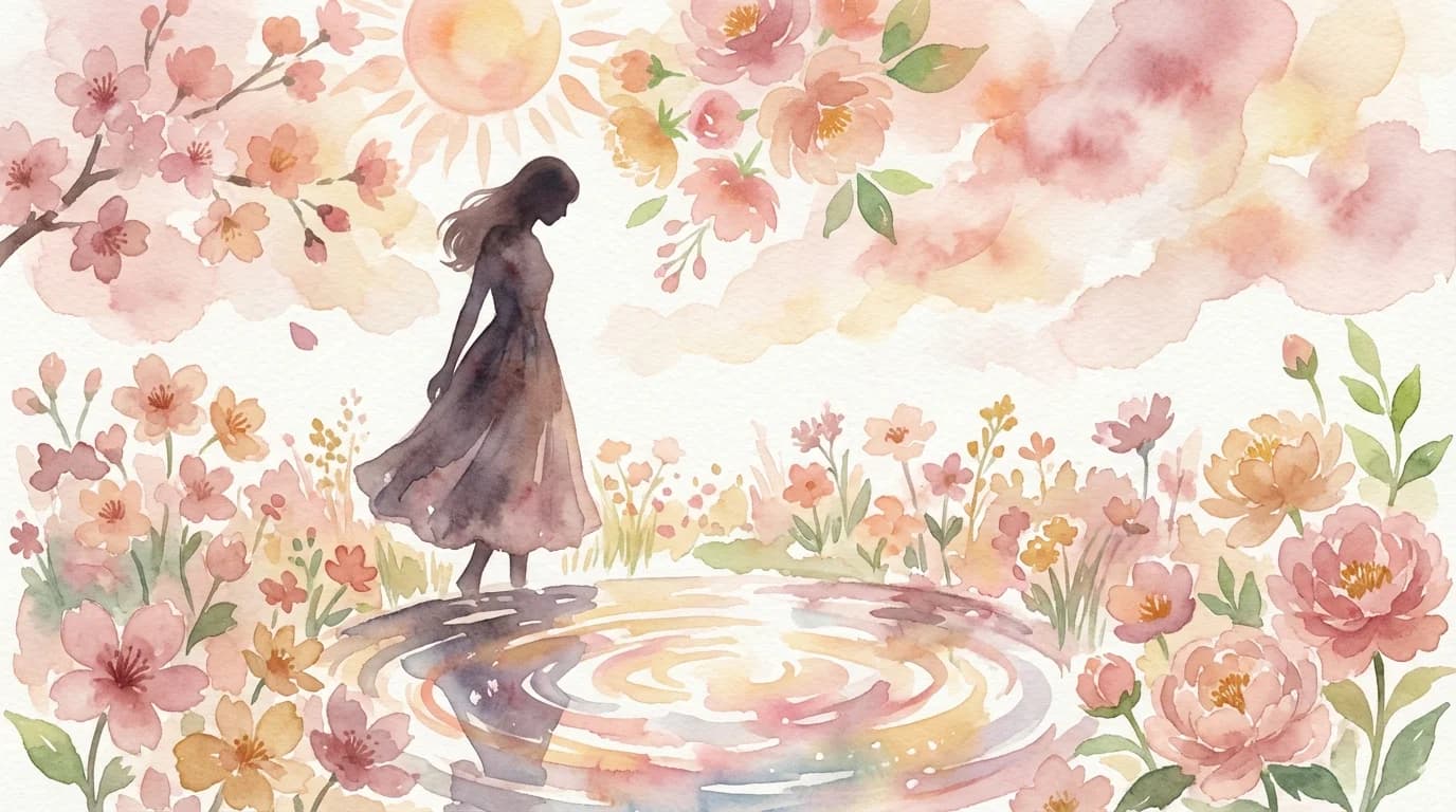 女性用風俗利用後の美意識の復活 — 花に囲まれた女性シルエットの水彩イラスト