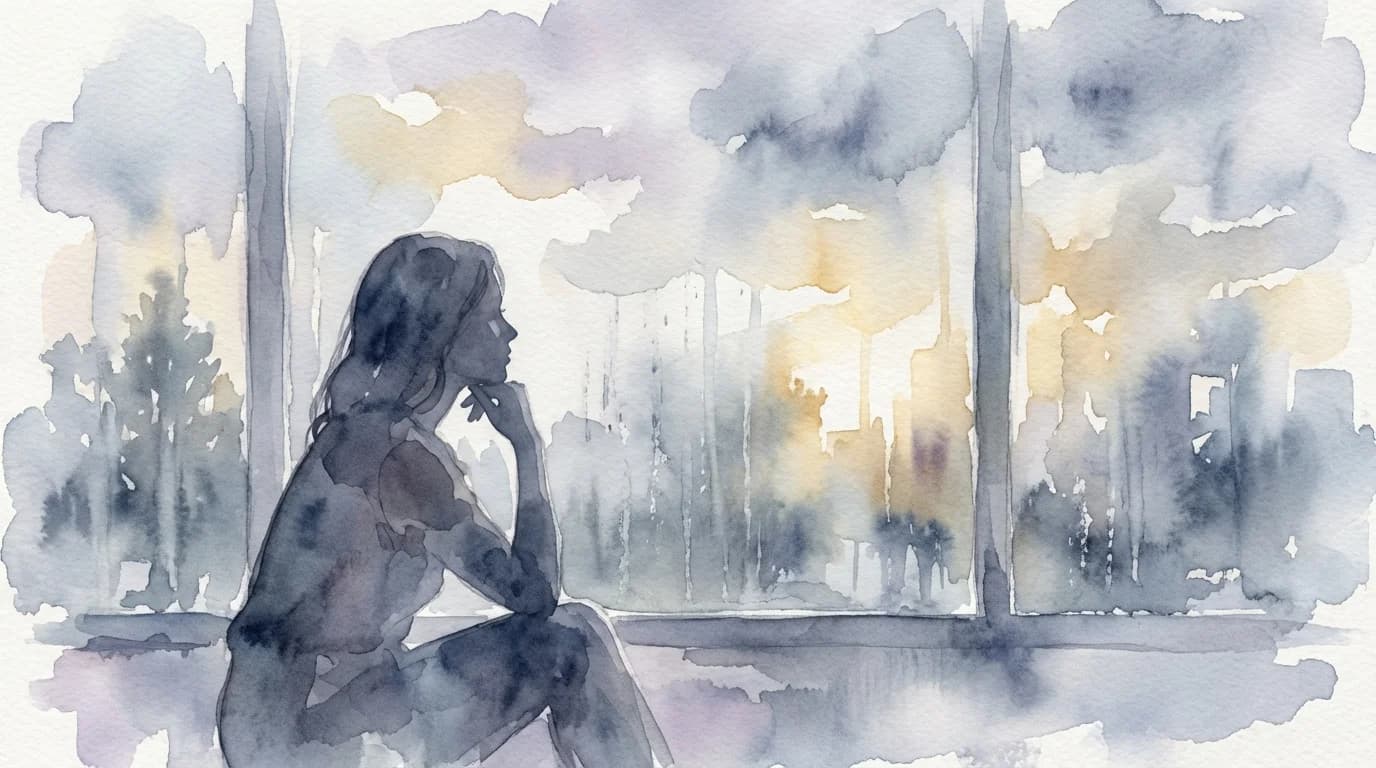 女性用風俗を予約するまでの迷いと躊躇 — 窓辺で考え込む女性シルエットの水彩イラスト