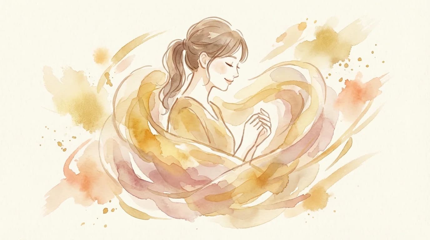 女性用風俗の初体験で感じた安堵と安心 — 暖かい光に包まれる女性の水彩イラスト