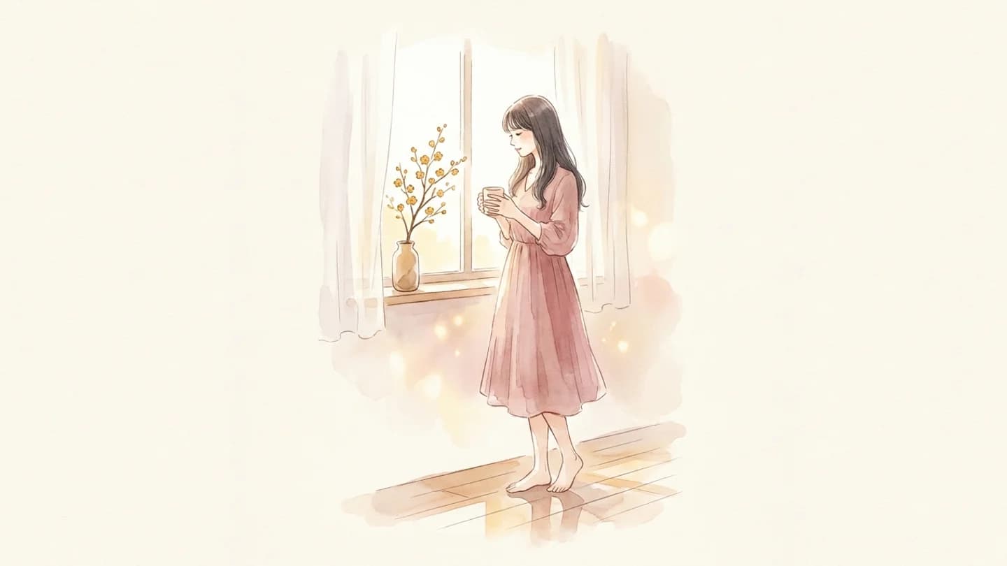 女性用風俗(女風)2年半通って痛みが減って自分のペースを取り戻した30歳女性 — 朝の窓辺で穏やかに自分を抱きしめる女性の水彩イラスト。アカリさんが27歳から30歳まで3ヶ月に1回ペースでリピートする女風体験談レポ・東京裏彼氏(ウラカレ)