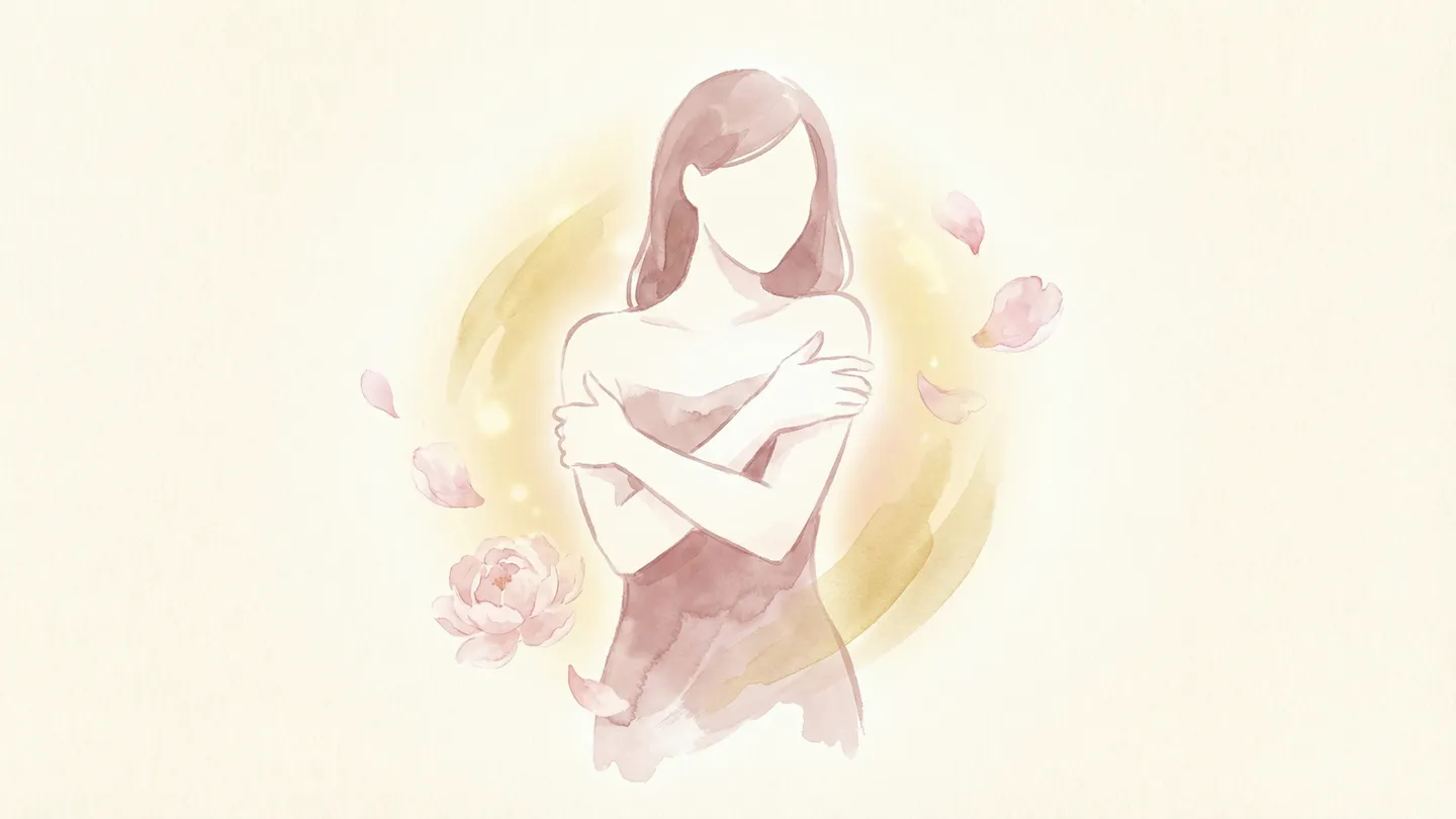 デリケートゾーンの自信とボディポジティブ - 自分を抱きしめる女性の水彩イラスト