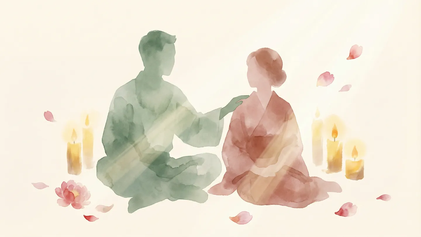 プロのセラピストによるデリケートゾーンケア - 温かな光に包まれたリラクゼーション空間の水彩イラスト