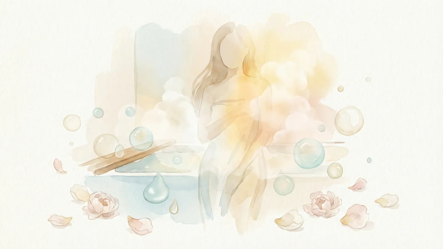 デリケートゾーンの正しい洗い方 - 弱酸性ソープと保湿ケアの水彩イラスト