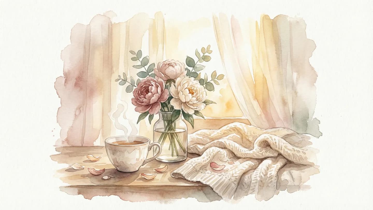 癒しのひととき — 温かい紅茶と牡丹の花束、柔らかなニットブランケットが並ぶ水彩イラスト