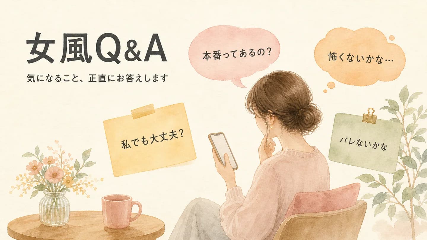 女風Q&A — 本番はあるか・怖くないか・バレないかなど初めての女性が気になる女性用風俗の不安に正直に答える水彩イラスト。はじめてガイド