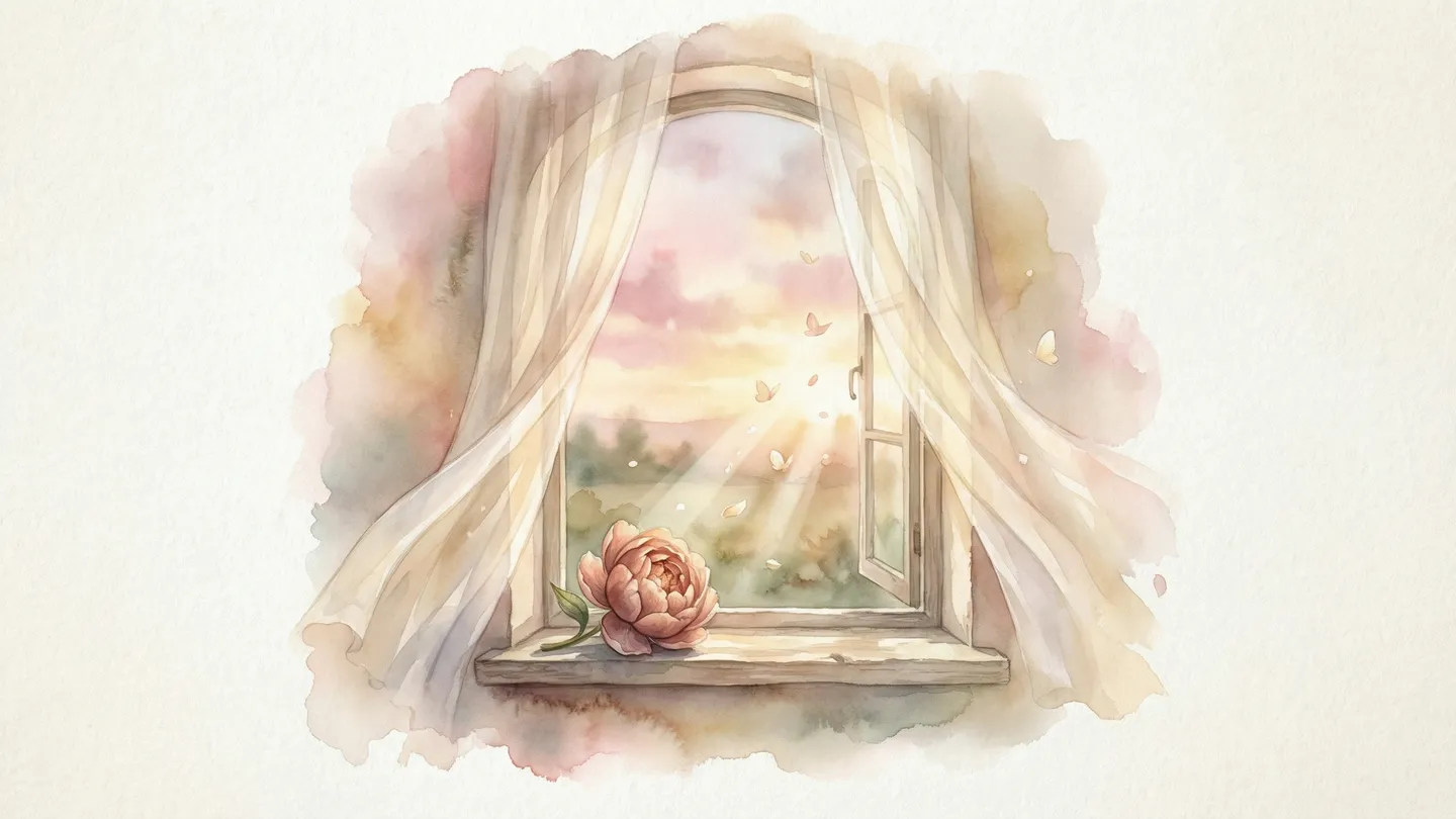 新しい一歩への希望 — 窓辺に咲く牡丹と朝の光が差し込む水彩イラスト、花びらと蝶が舞う温かな風景