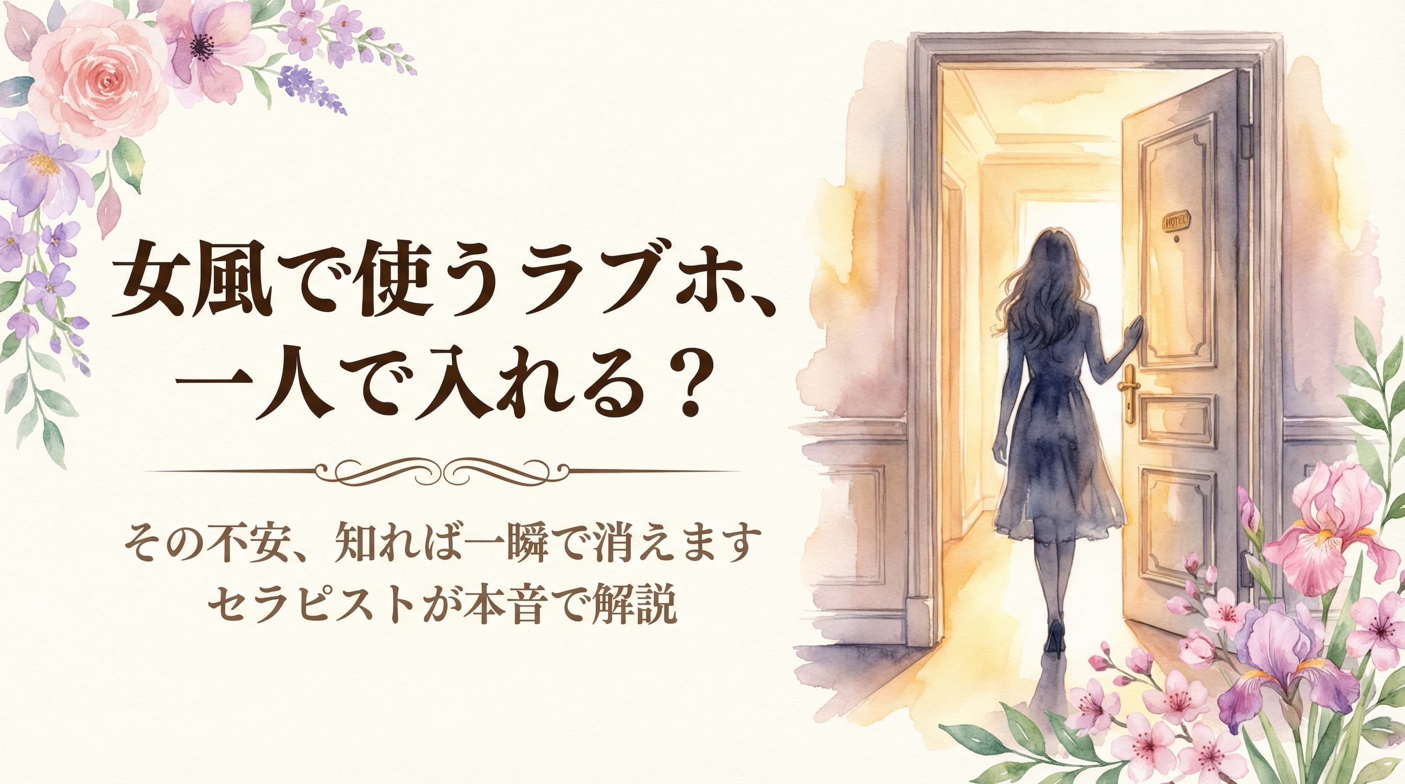 女風で使うラブホ、一人で入れる? — ホテルのドアの前に立つ女性のシルエットの水彩イラスト。温かい光が差し込む安心感のある雰囲気