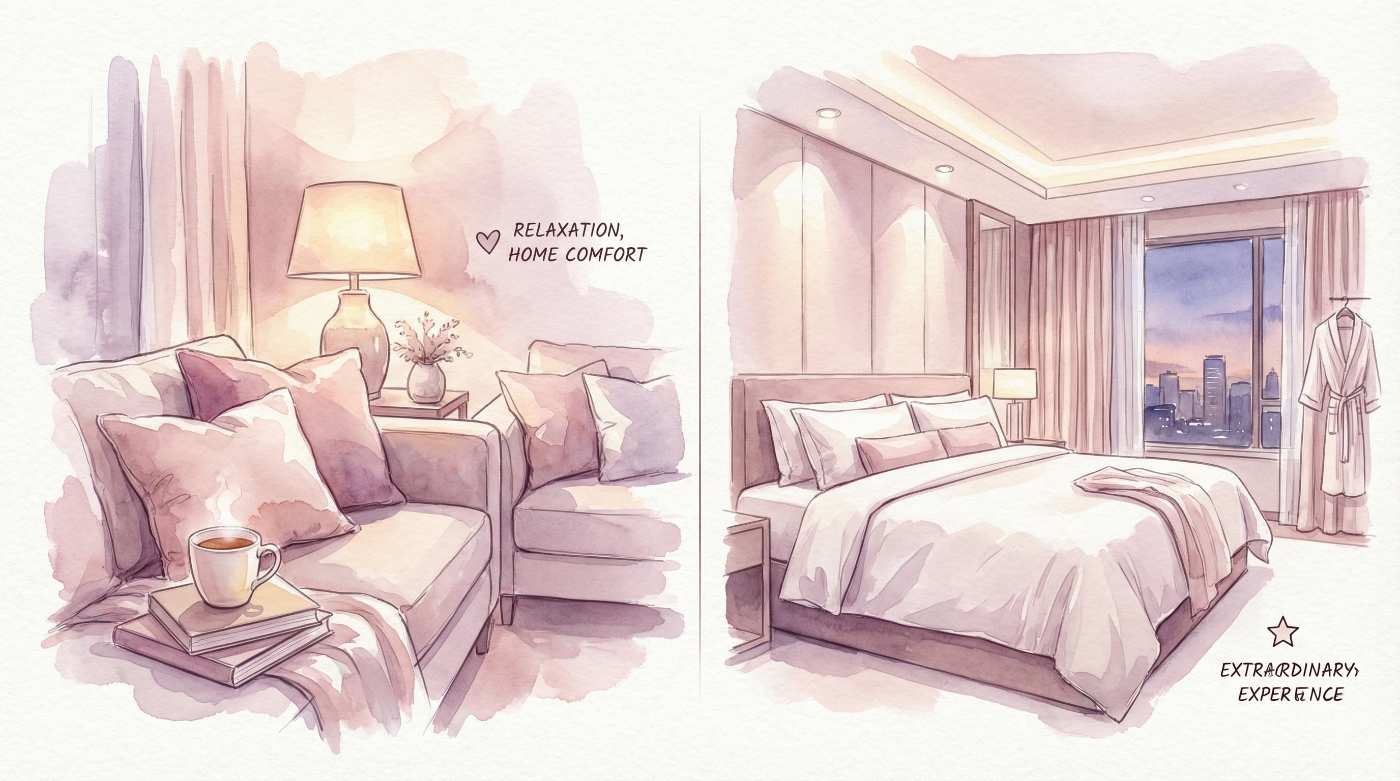ラブホテルと自宅の比較 — 左に温かみのある自宅リビング、右に非日常のホテル部屋の水彩イラスト