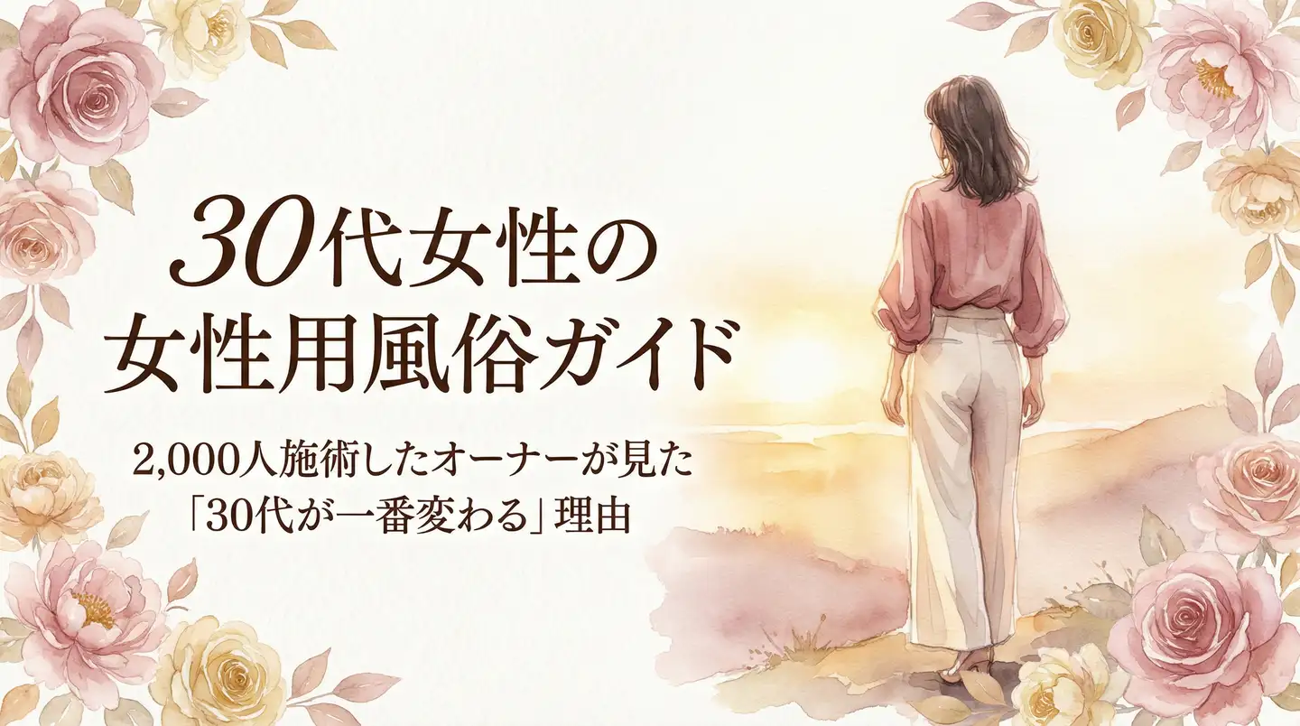 30代女性の女性用風俗ガイド — 花に囲まれた女性の後ろ姿の水彩イラスト。穏やかで前向きな雰囲気