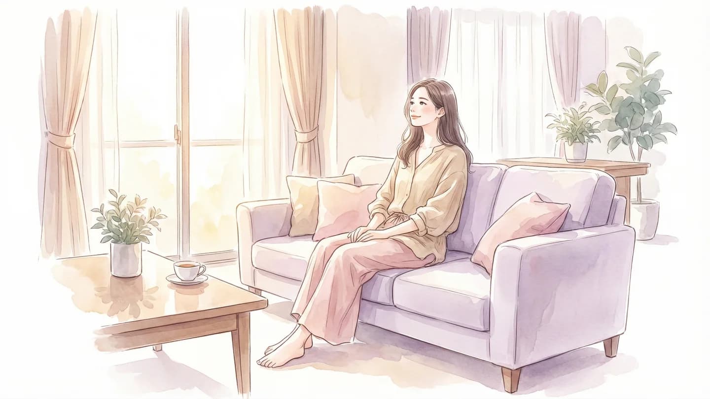 女性用風俗の当日の流れ — ホテルのソファでリラックスする女性の水彩イラスト