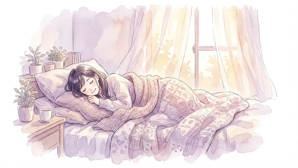 女性用風俗のアフターケア — ベッドでリラックスする女性の水彩イラスト