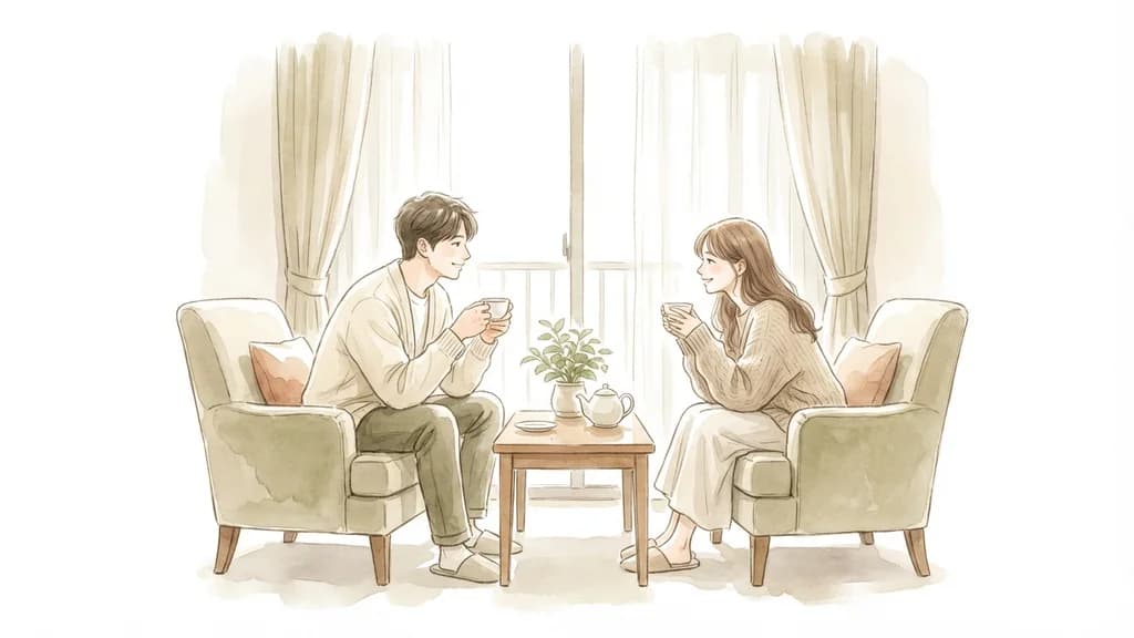 女性用風俗のカウンセリング — 向かい合って話す二人の水彩イラスト