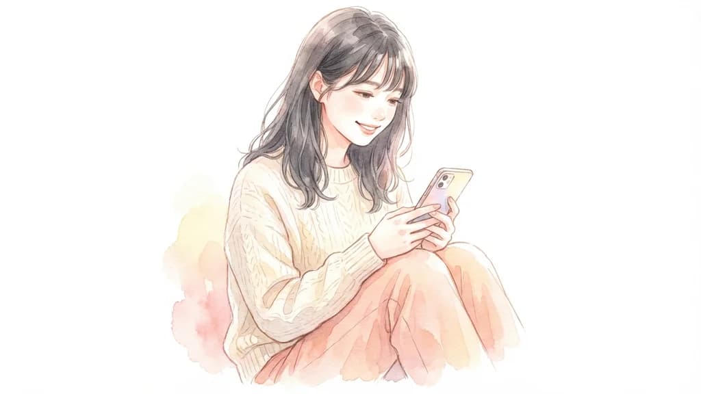 女性用風俗の予約 — スマホを見ながら微笑む女性の水彩イラスト