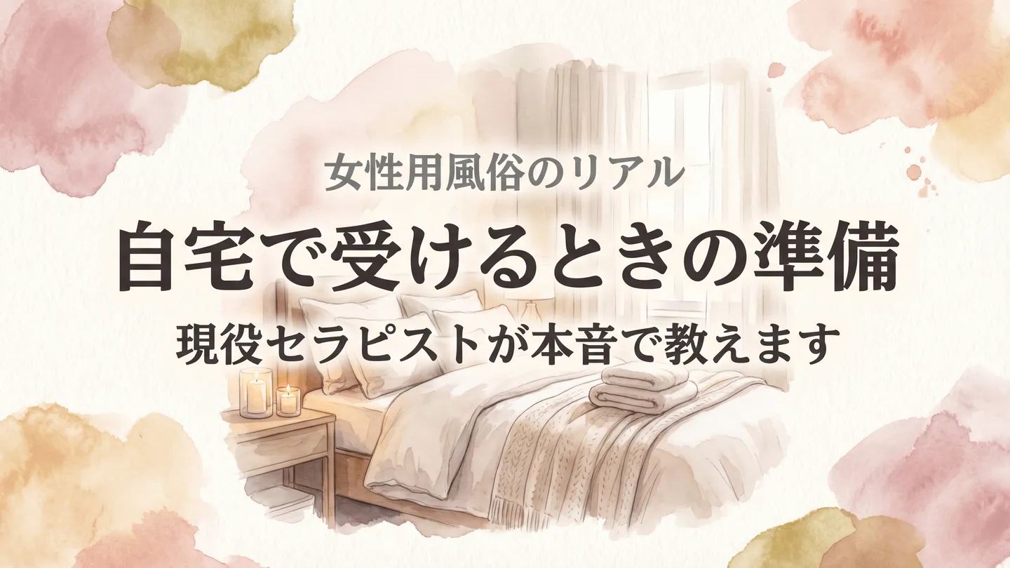 女性用風俗を自宅で受ける準備 — 間接照明とキャンドルに照らされた温かなベッドルームの水彩イラスト