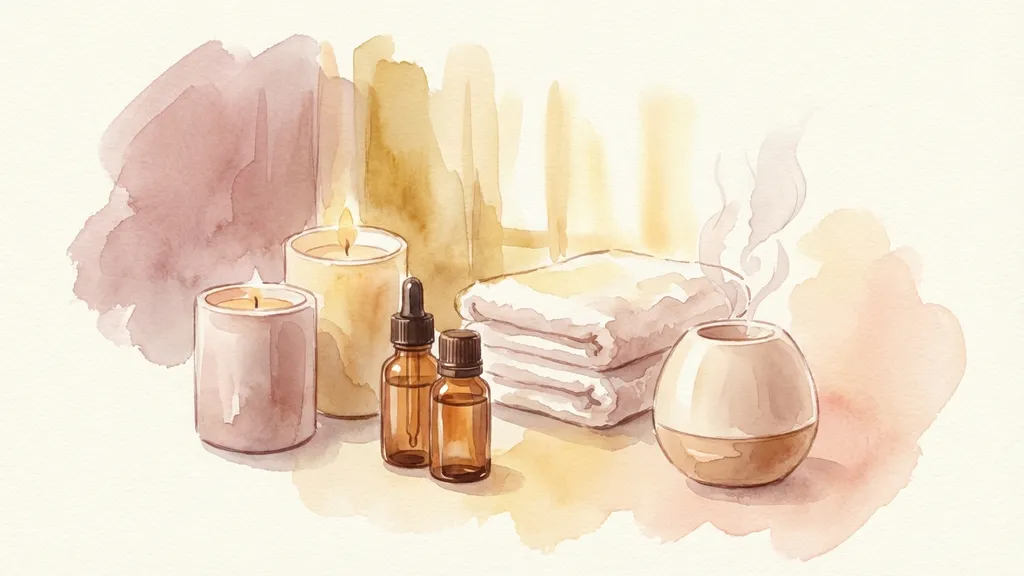 アロマキャンドルとタオルとオイルボトル — 施術準備の水彩スチルライフ