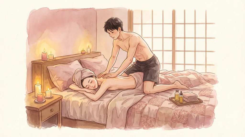 自宅のベッドで女性がオイルマッサージを受けている水彩イラスト — キャンドルの灯る温かな空間