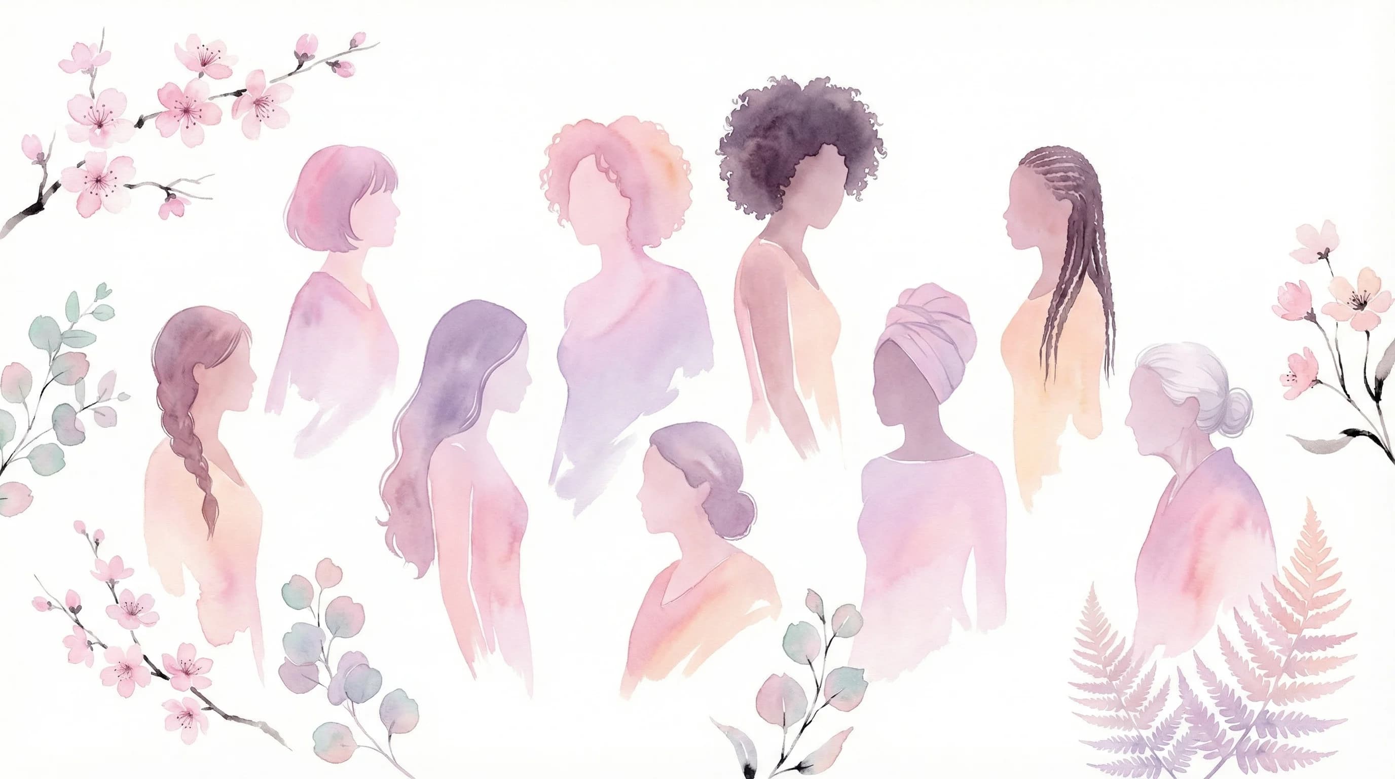 女性用風俗を利用する多様な女性たち — 様々な年代・職業の女性が自然体で過ごす水彩イラスト
