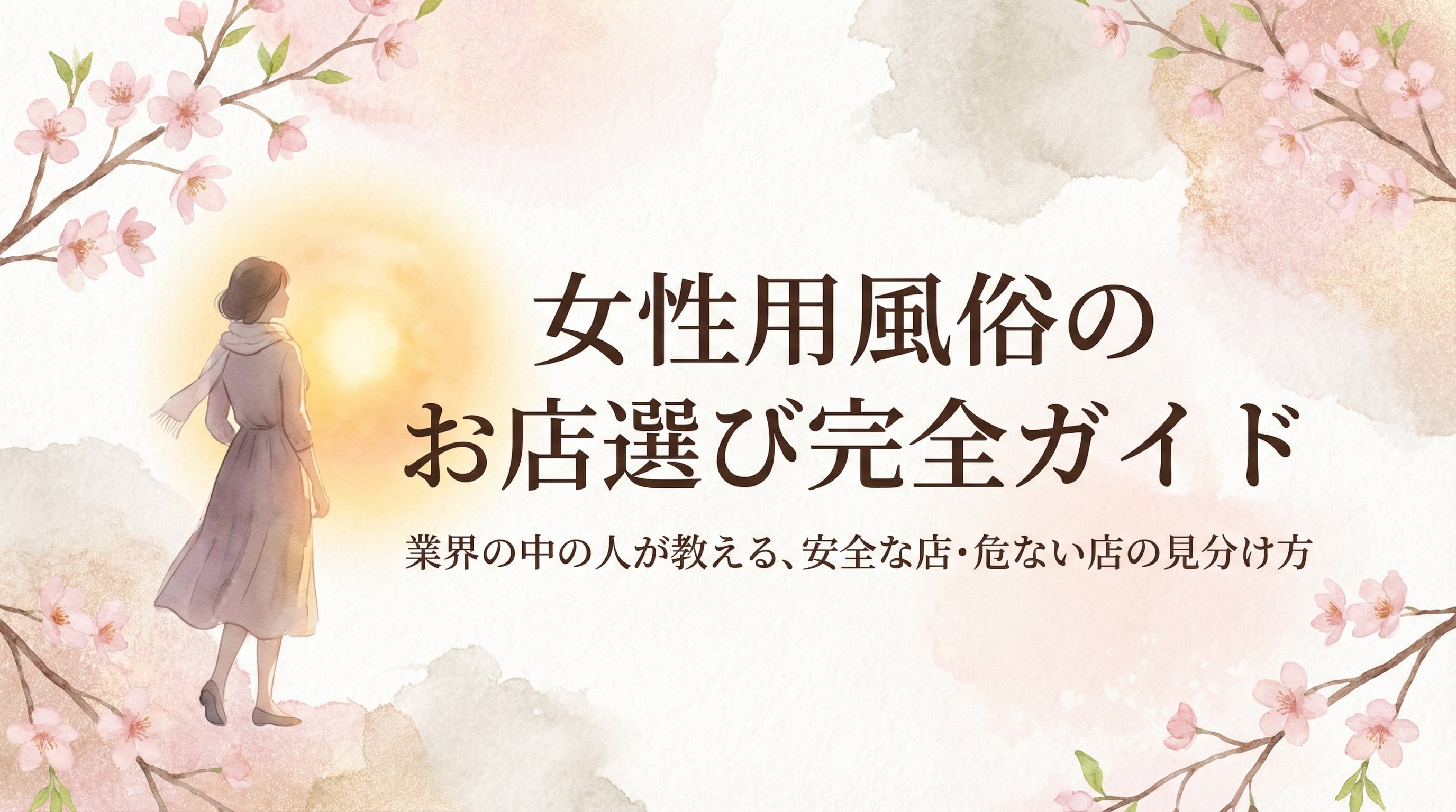 女性用風俗のお店選び完全ガイド — 桜と温かな光に包まれた女性のシルエットの水彩イラスト