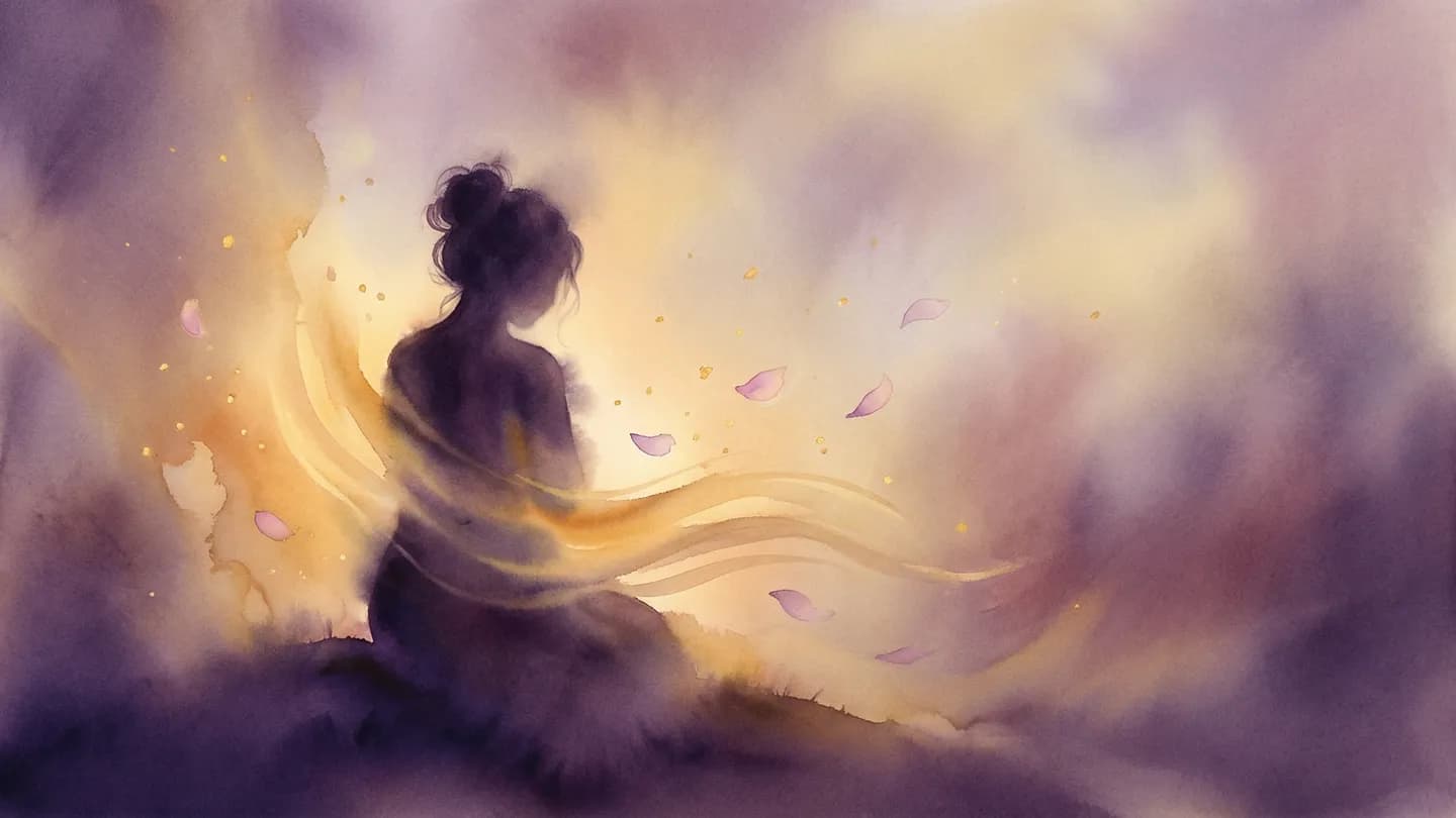 温かい光に包まれる女性 — ラベンダー色の夜に金色の光と花びらが舞う中、穏やかに座る女性シルエットの水彩イラスト