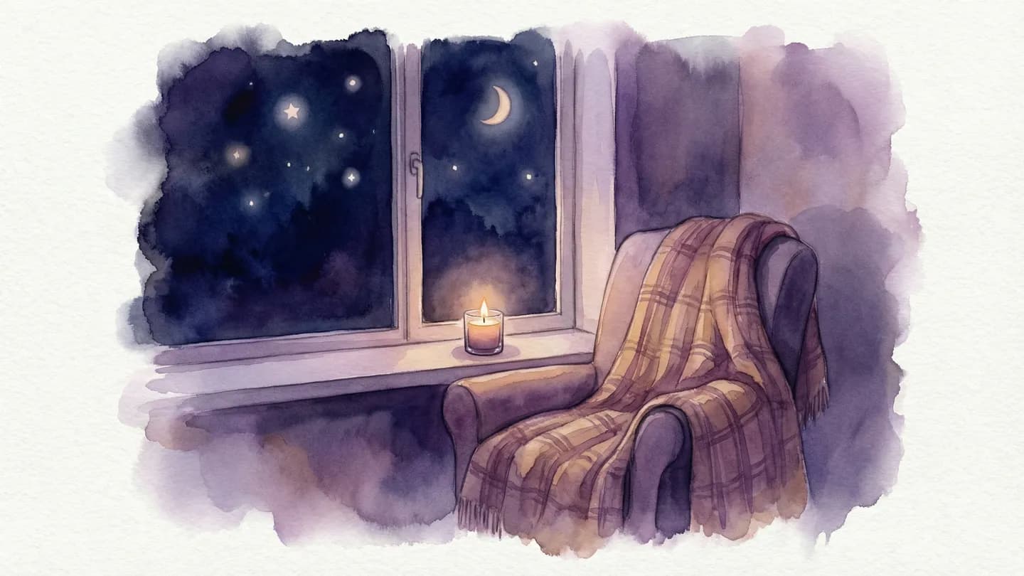 夜の静けさ — 三日月が浮かぶ窓辺にキャンドルが灯り、ブランケットが掛けられた椅子がある水彩イラスト