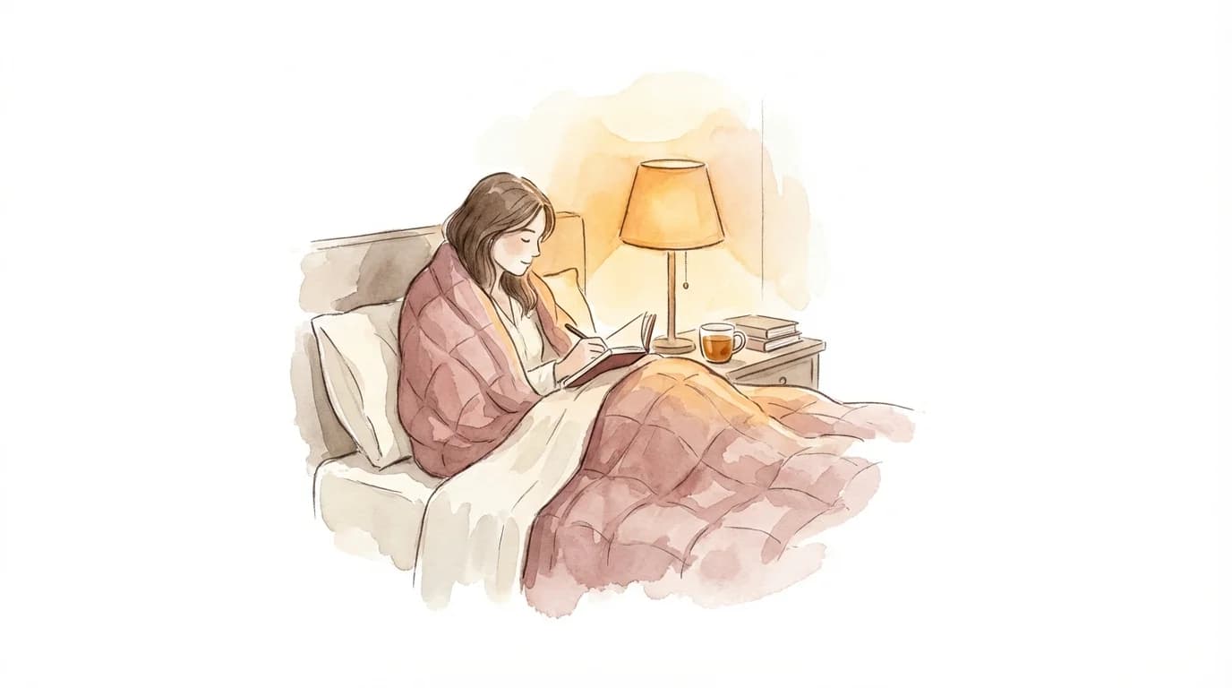 寝る前セルフハグの3つのやり方 — ベッドの上で穏やかに自分を抱きしめる女性の水彩イラスト