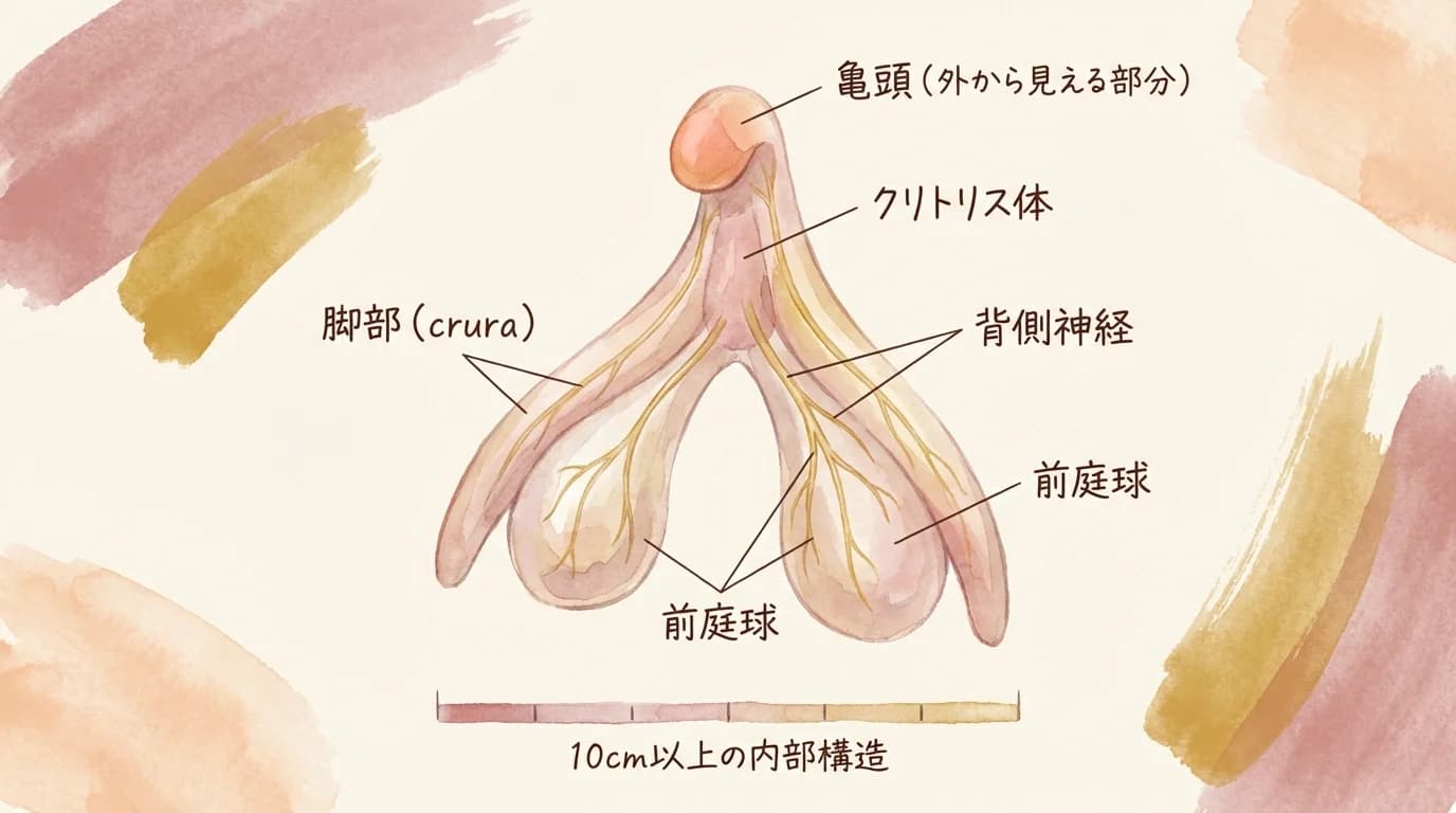 クリトリスの内部構造 — 亀頭・クリトリス体・脚部・前庭球・背側神経の全体像。外から見える部分はごく一部で、10cm以上の構造が体内に広がっている