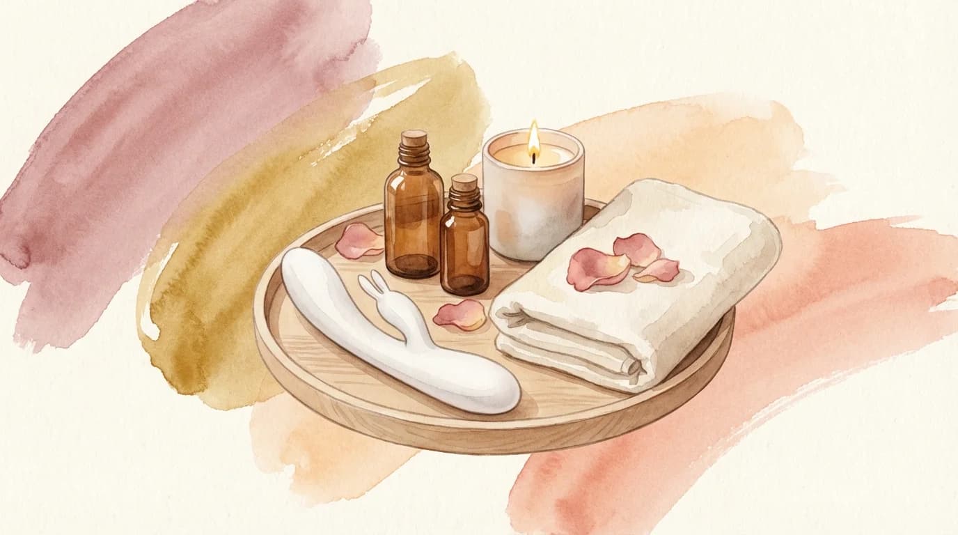 セルフプレジャーの準備 — トレイに並べられたウェルネスデバイス、キャンドル、エッセンシャルオイル、タオル