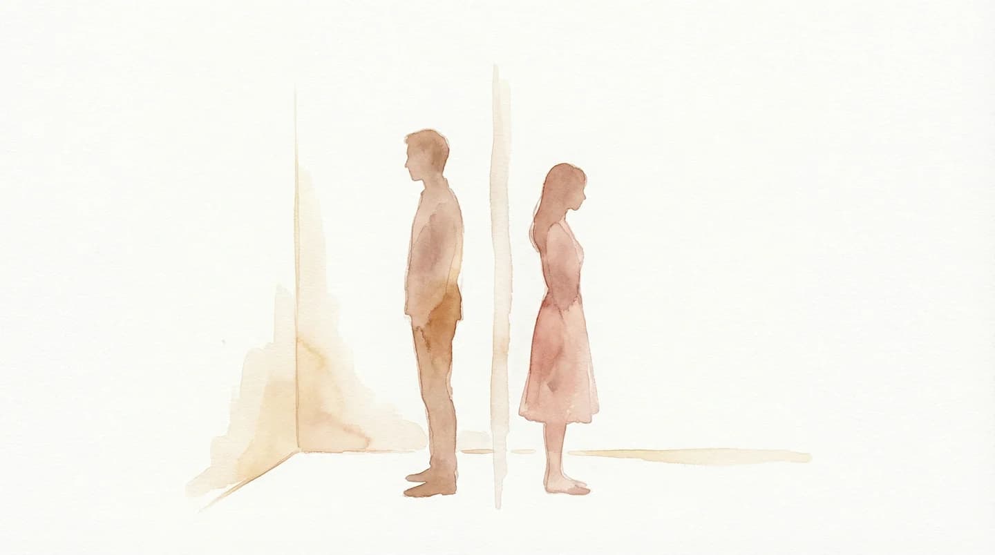 すれ違い - 同じ部屋にいるのに視線が交わらない二人のシルエットの水彩イラスト